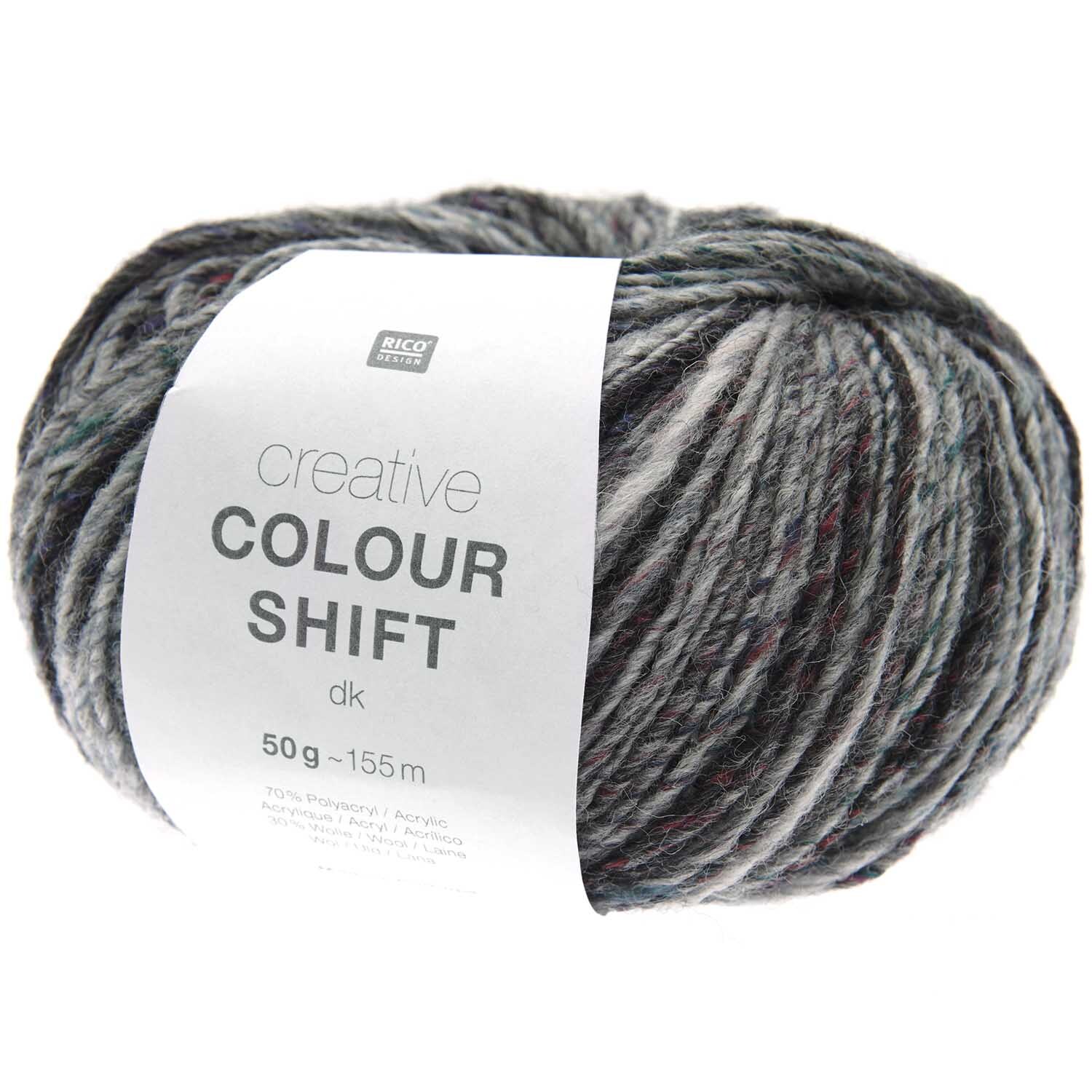Creative Colour Shift dk Wolle in Grautönen von Rico Design, 50g Knäuel mit 155m Länge. Ideal für Strickprojekte.