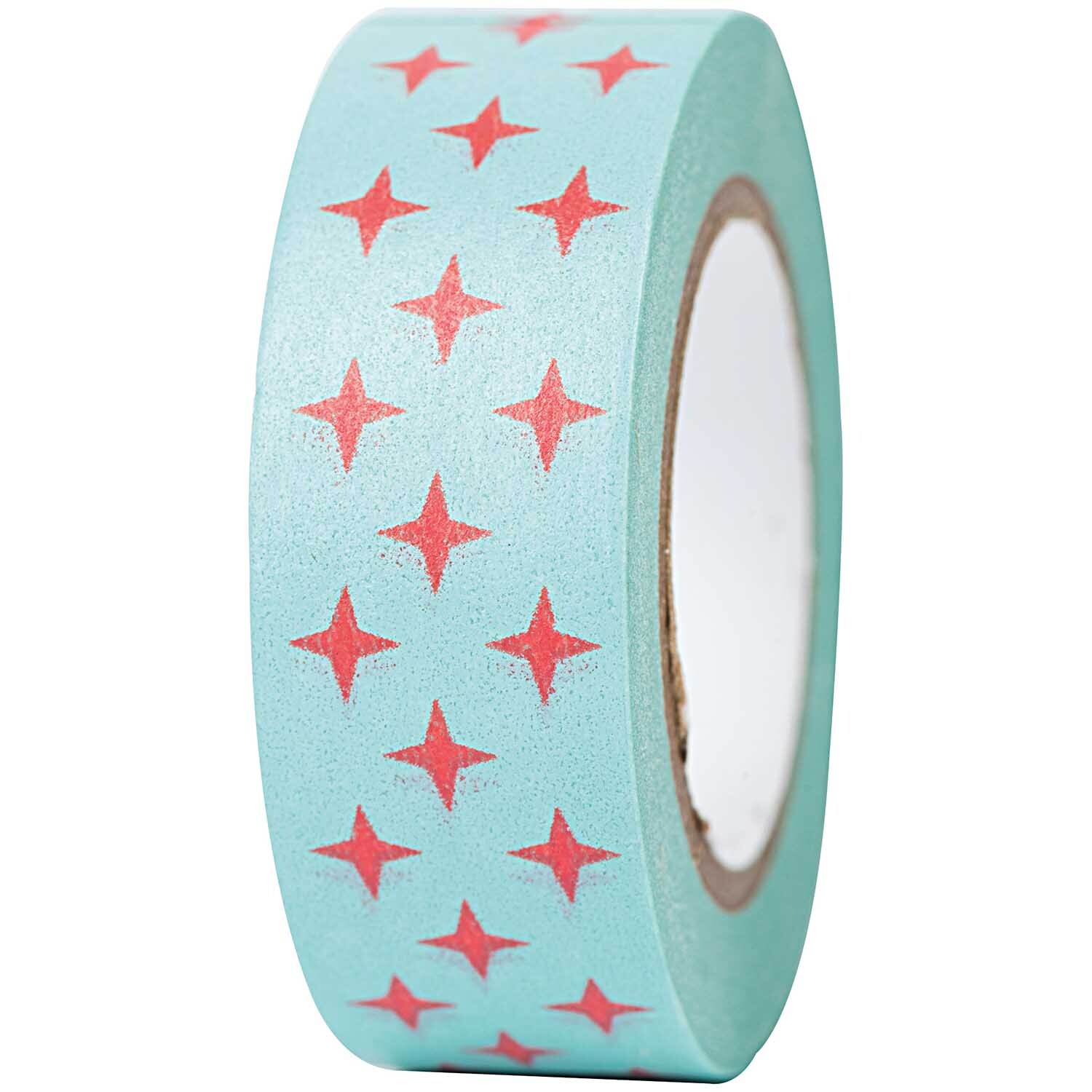 Paper Poetry Tape Christmas mit roten Sternen auf hellblauem Hintergrund, 15mm x 10m, von Rico Design. Ideal für festliche Dekorationen.