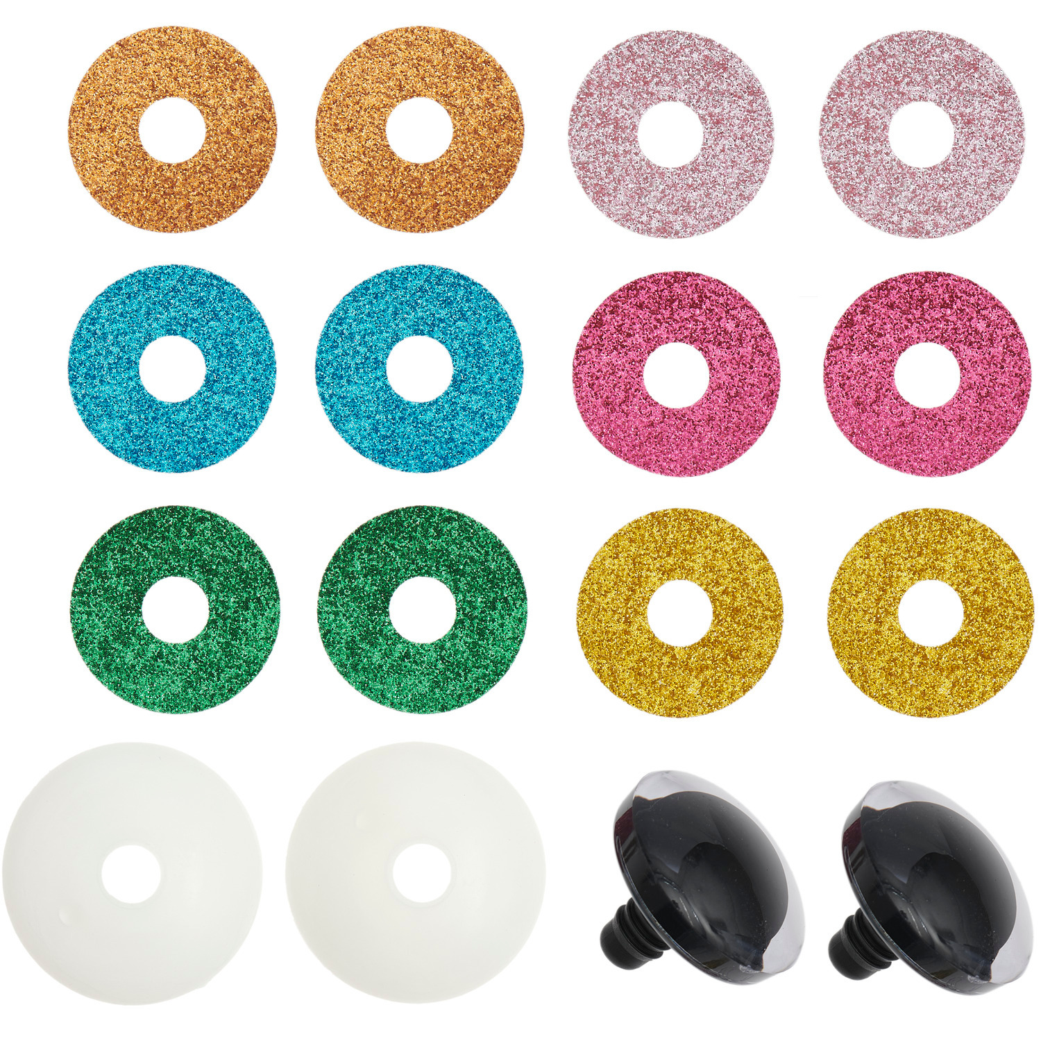 Sicherheitsaugen-Set für Kuscheltiere mit 6 glitzernden Farben von Rico Design, inklusive 1 Paar 40mm Augen.