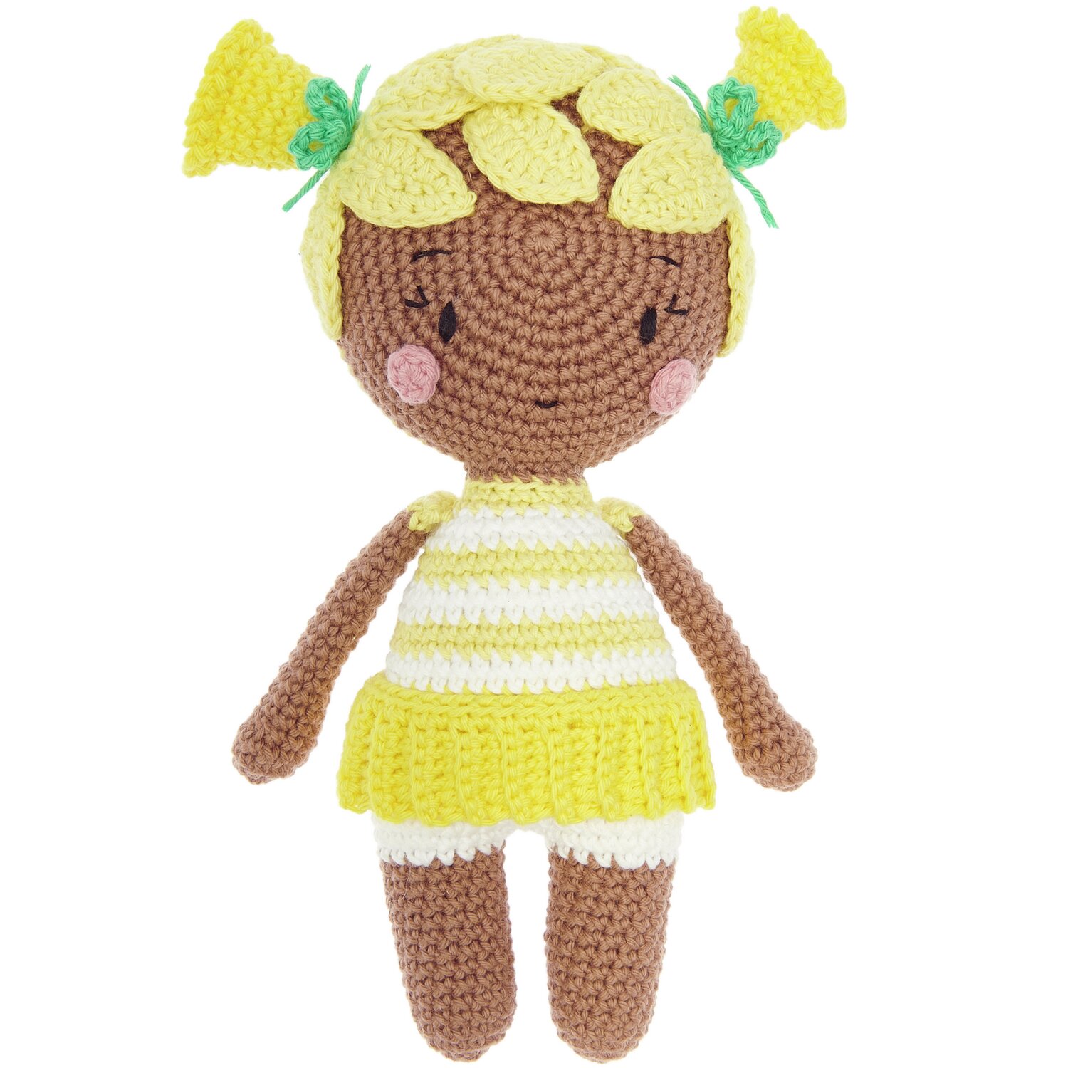 Creative Ricorumi dk: Gehäkelte Puppe mit gelbem Kleid und Zöpfen, aus Nougat- und Pastellgelb.