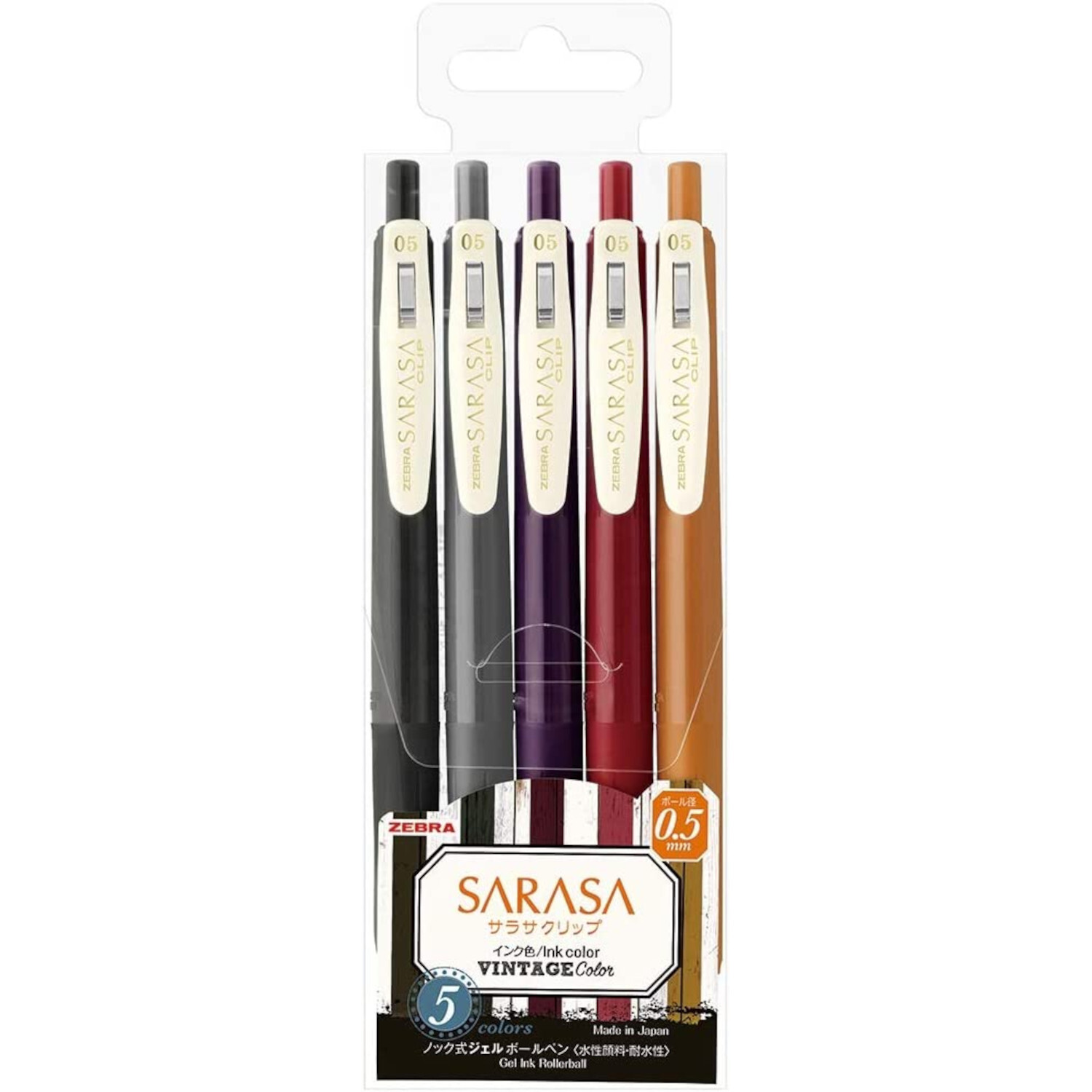 Sarasa Clip Set Vintage 2: Fünf Gelstifte in verschiedenen Farben von Zebra, ideal für kreatives Schreiben.