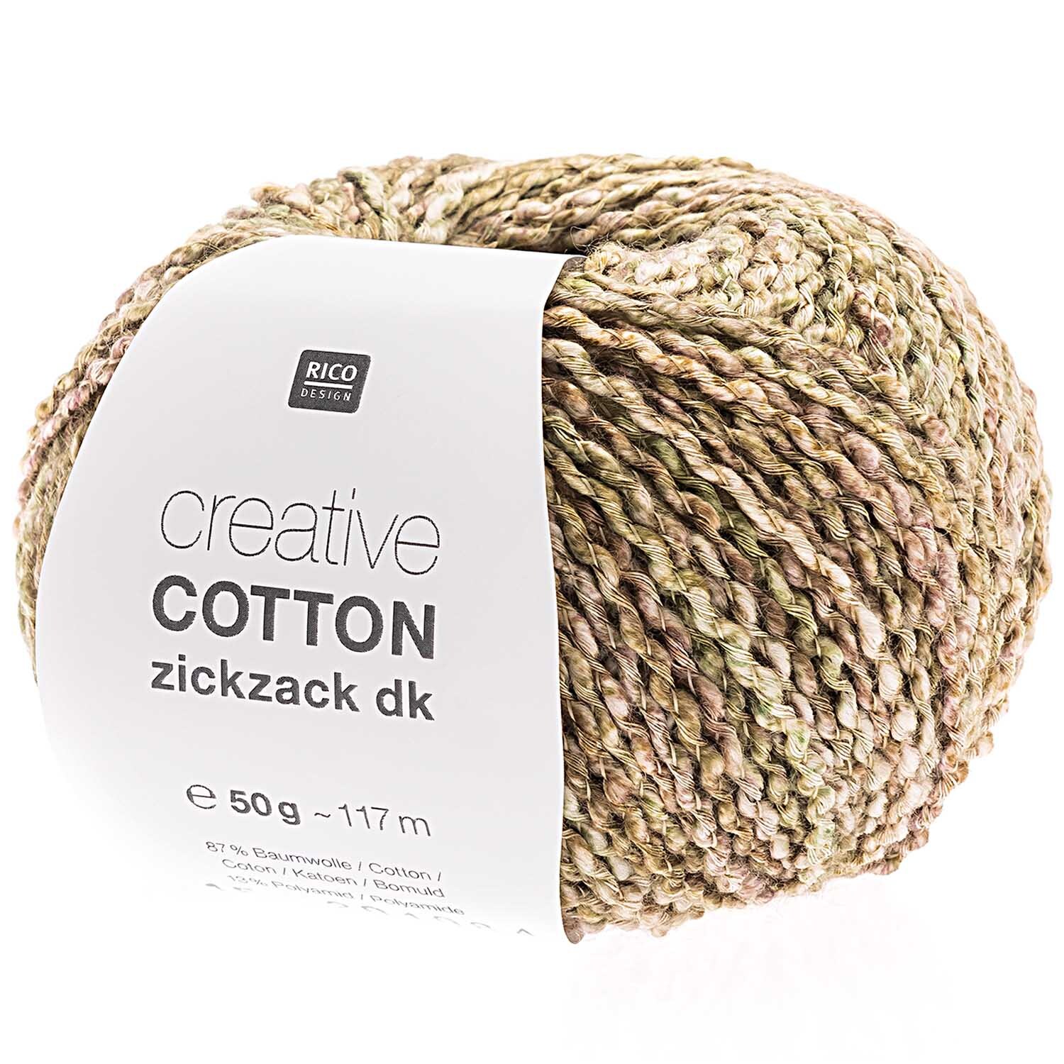 Creative Cotton Zickzack: Garnknäuel in Oliv Spray von Rico Design, 50g, 117m, ideal zum Stricken.