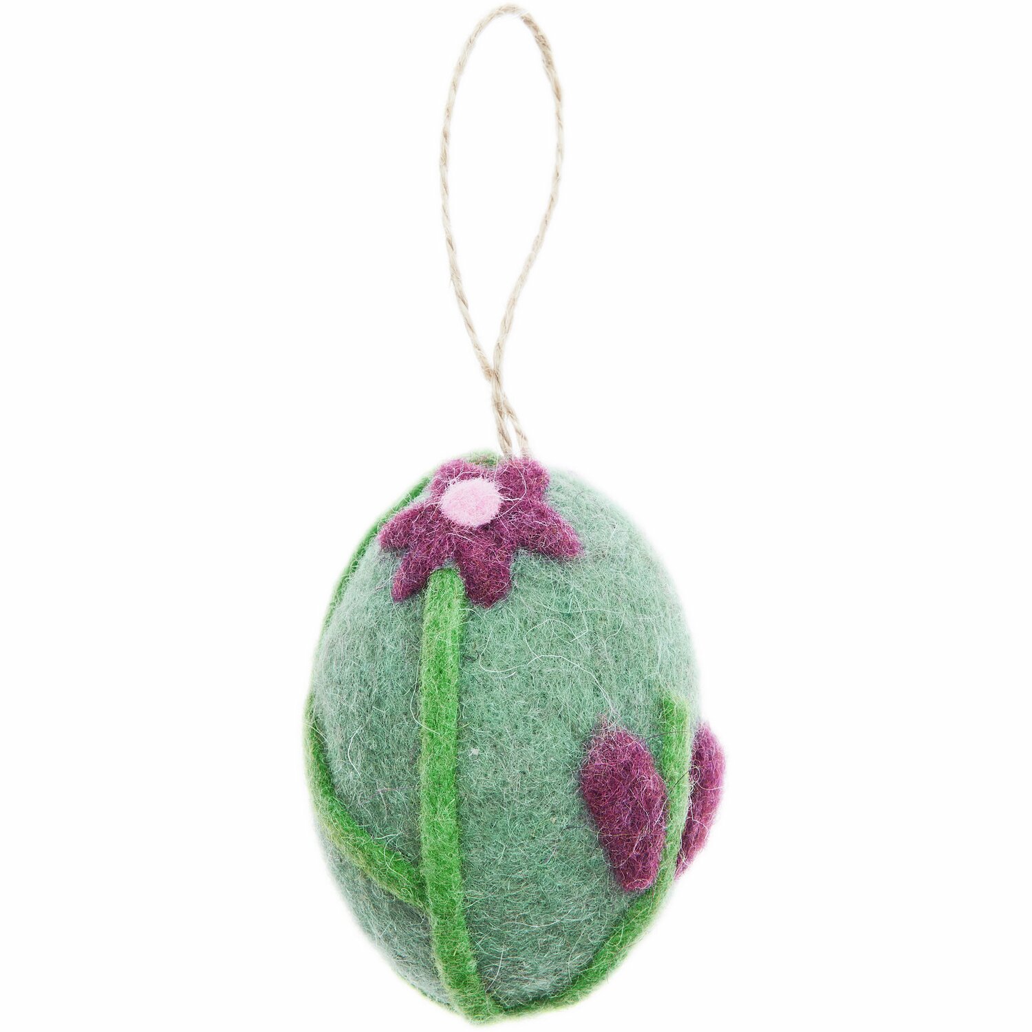 Aufhänger Filz-Ei Purpur-Blume: Grünes Filz-Ei mit purpurnen Blumen, dekorativ, 7,8xØ5,8cm, ideal für Ostern.