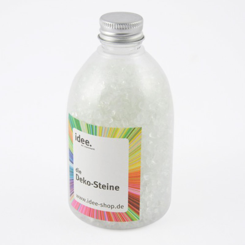 Dekosteine transparent 360 g in einer klaren Flasche mit silbernem Deckel von idee. Creativmarkt.