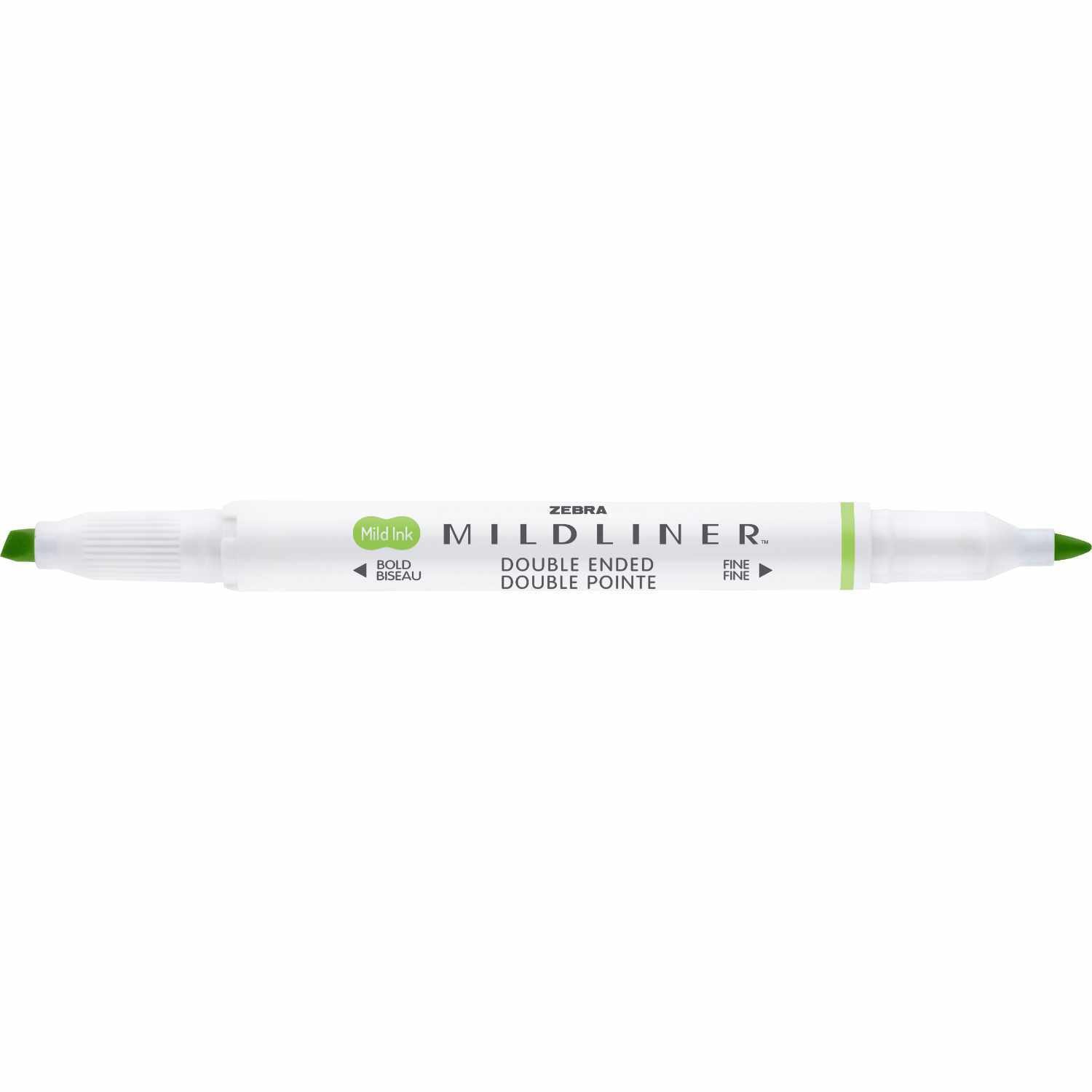 Mildliner Textmarker mit 2 Spitzen, grün, von ZEBRA, zeigt beide Spitzen und das Markenlogo.