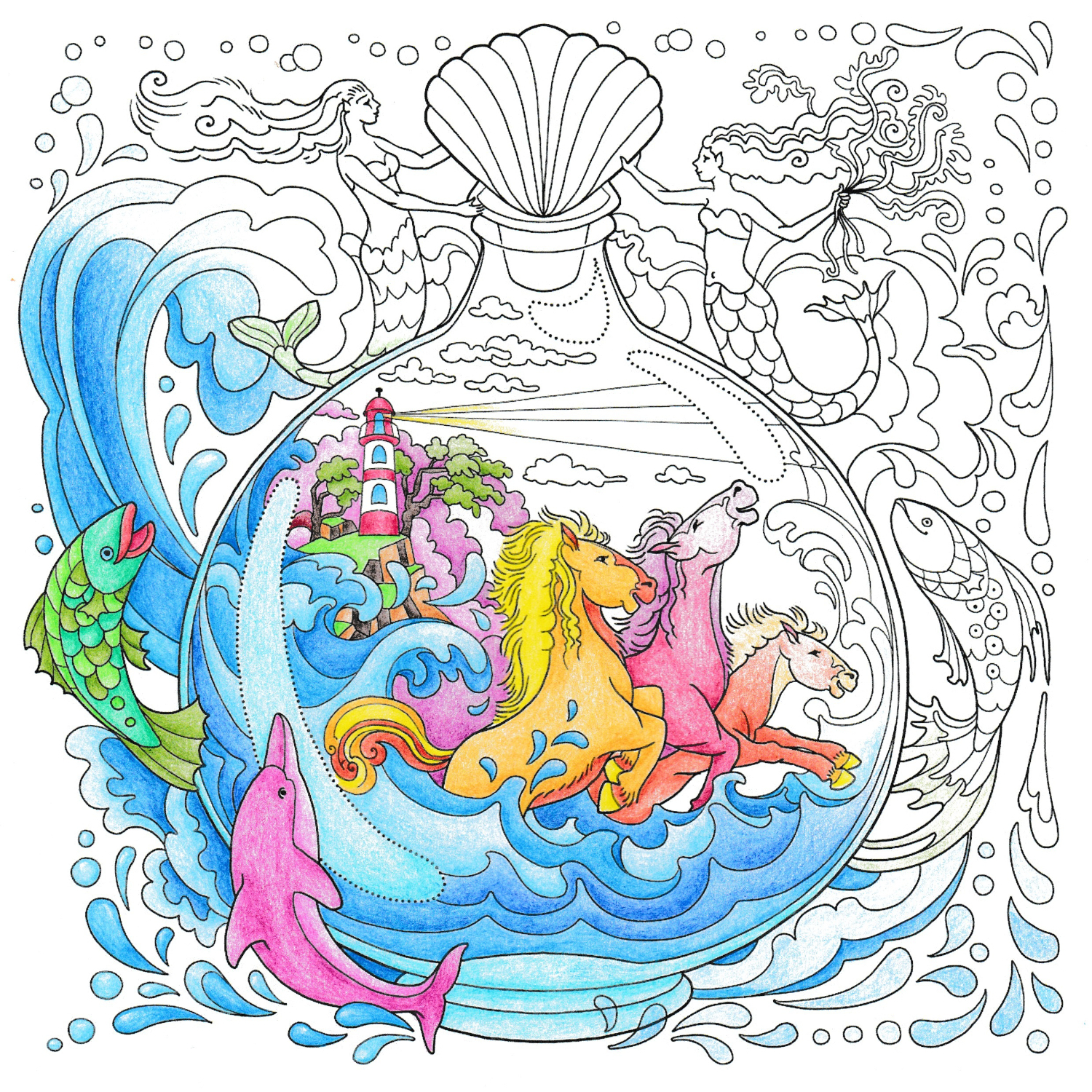Colorful World – Wundervolle Welten im Glas: Buntes Bild mit Pferden, Fischen und Leuchtturm in einer Flasche.