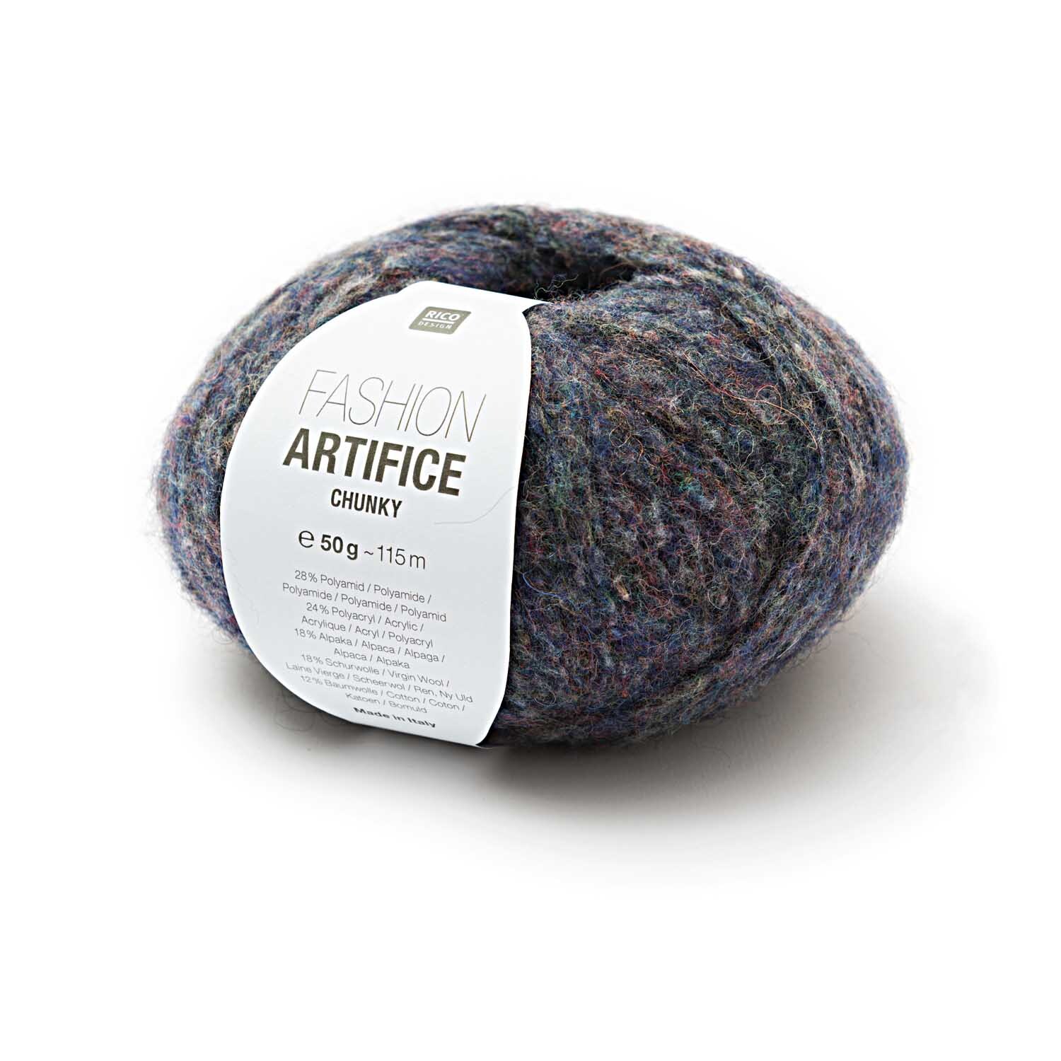 Fashion Artifice Chunky Wolle in Pfau von Rico Design, 50g Knäuel, ideal für warme Strickprojekte.