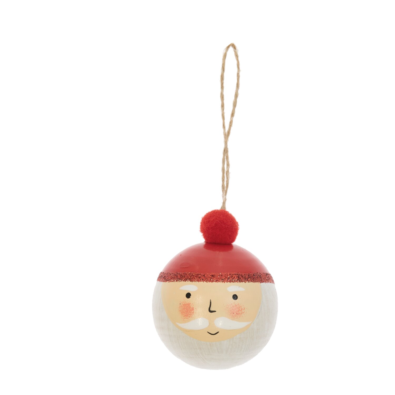 Holzhänger Weihnachtsmann Kugel rot-weiß 5x6cm: Niedlicher Weihnachtsanhänger in Rot und Weiß mit fröhlichem Gesicht und roter Mütze.