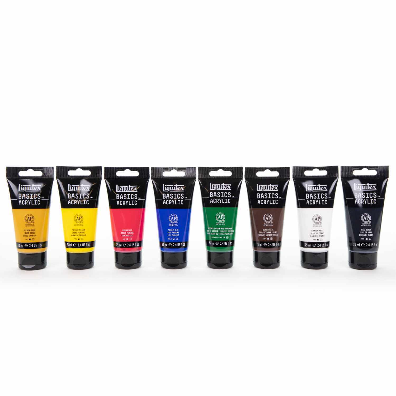Basics Acrylfarben Set 8x75ml zeigt acht Tuben in verschiedenen Farben von Liquitex, ideal für kreative Projekte.