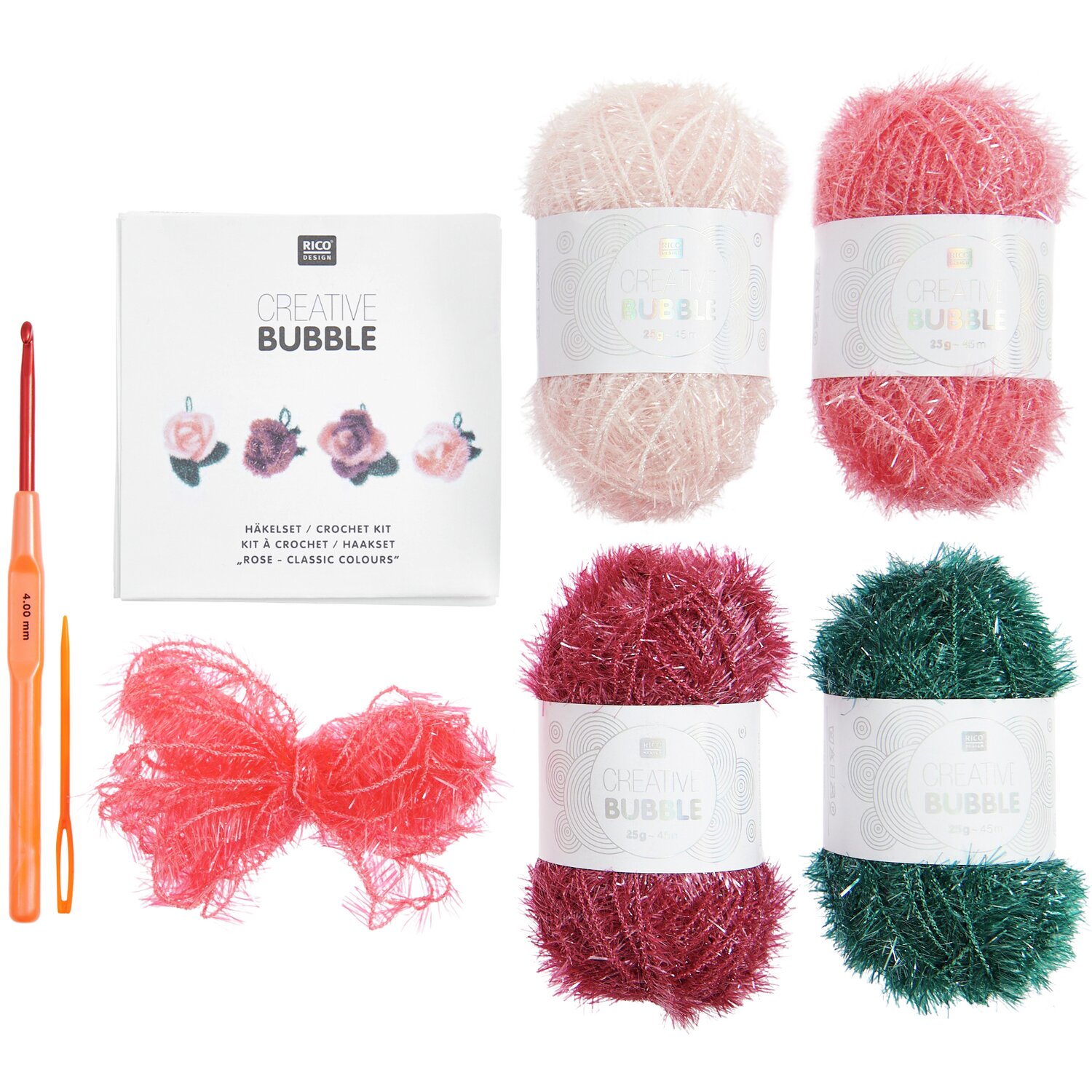 Häkelset Creative Bubble Rose Classic mit bunten Garnen und Häkelnadel von Rico Design. Ideal für kreative Projekte.