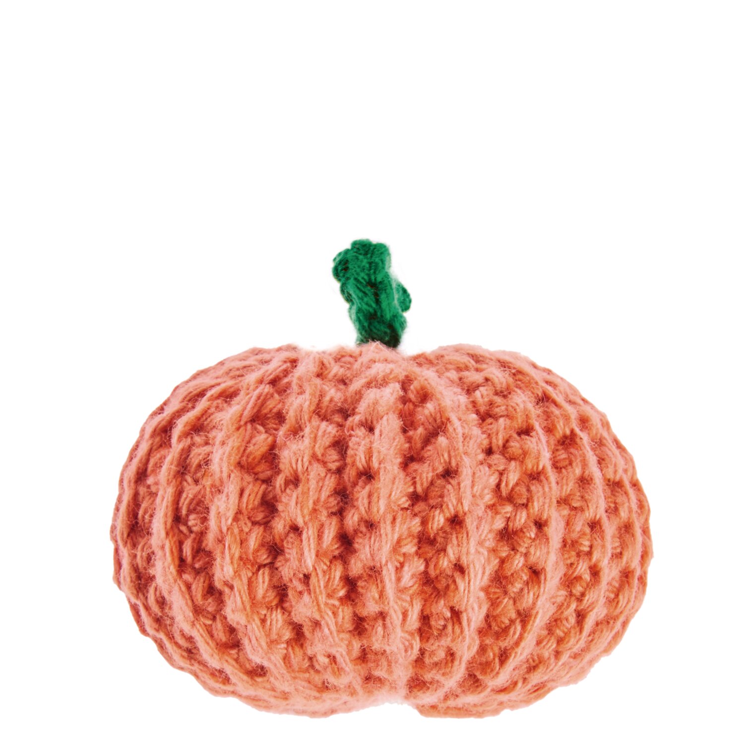 Ricorumi In the Meadow, gehäkelter Kürbis aus weicher Wolle mit strukturierter Oberfläche, dezenter Grünton am Stiel, dekoratives Herbstaccessoire