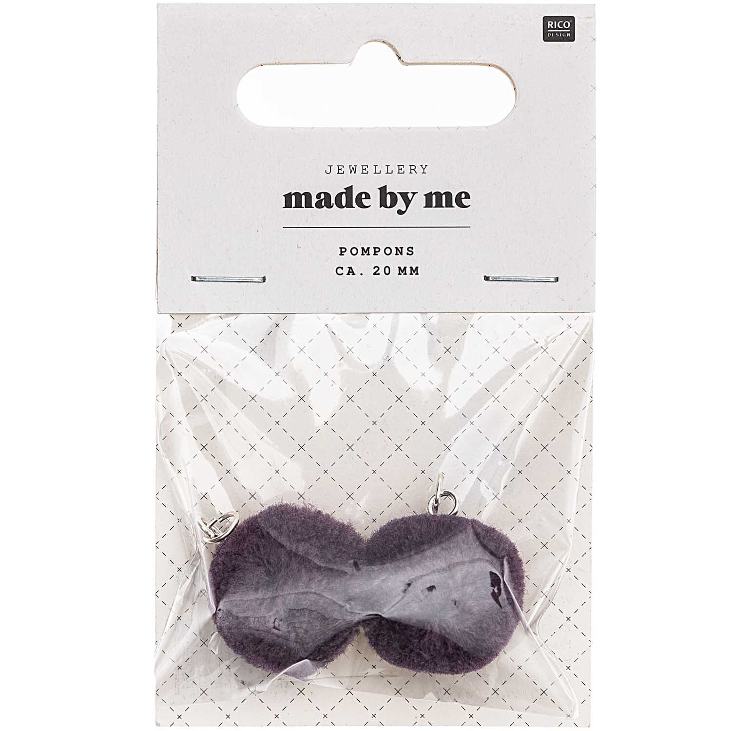 Pompons mit Öse 2cm 2 Stück in lila von Rico Design, verpackt in einer transparenten Tüte.