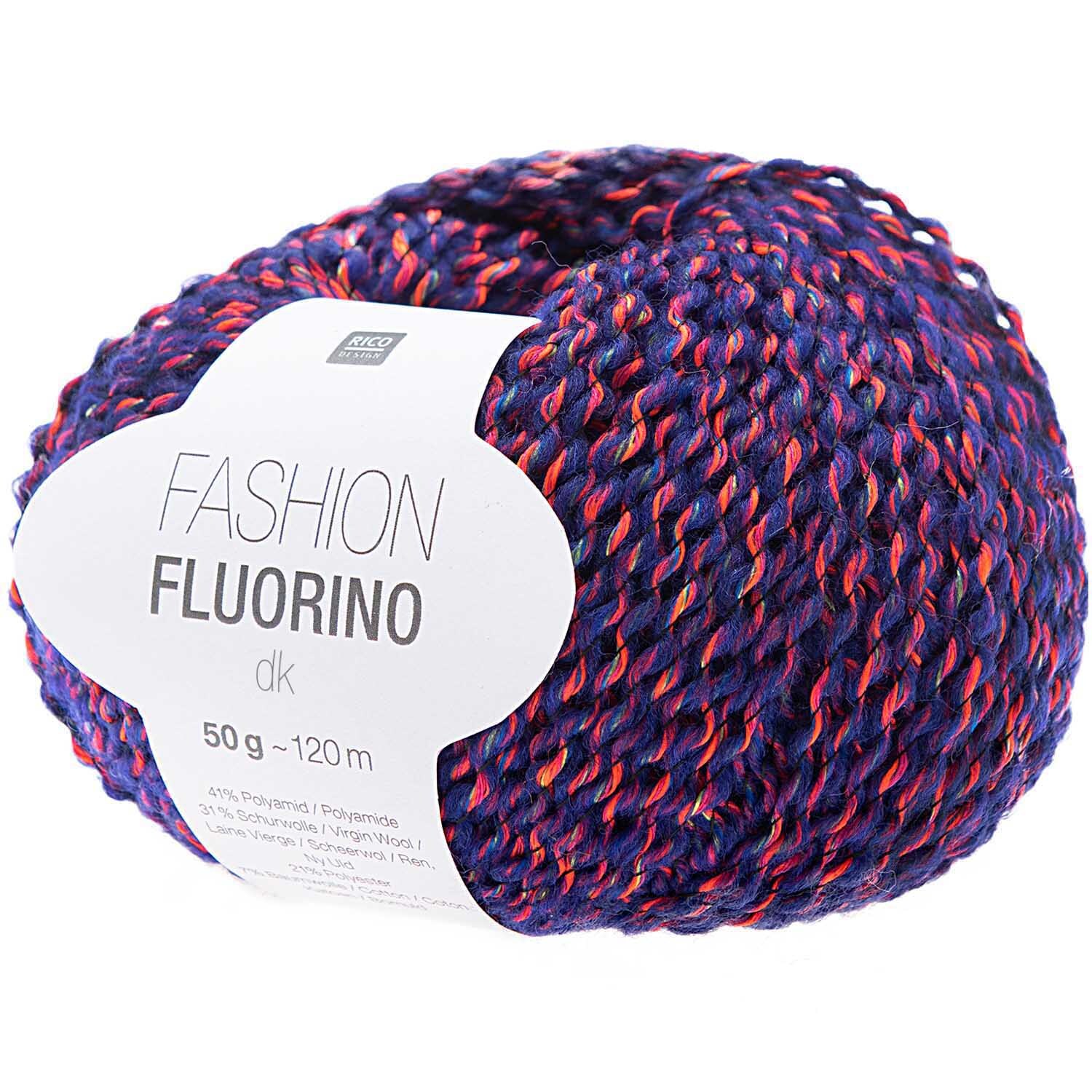 Fashion Fluorino dk: Weiches Garn in Blau von Rico Design, 50g Knäuel, ideal für Strickprojekte.
