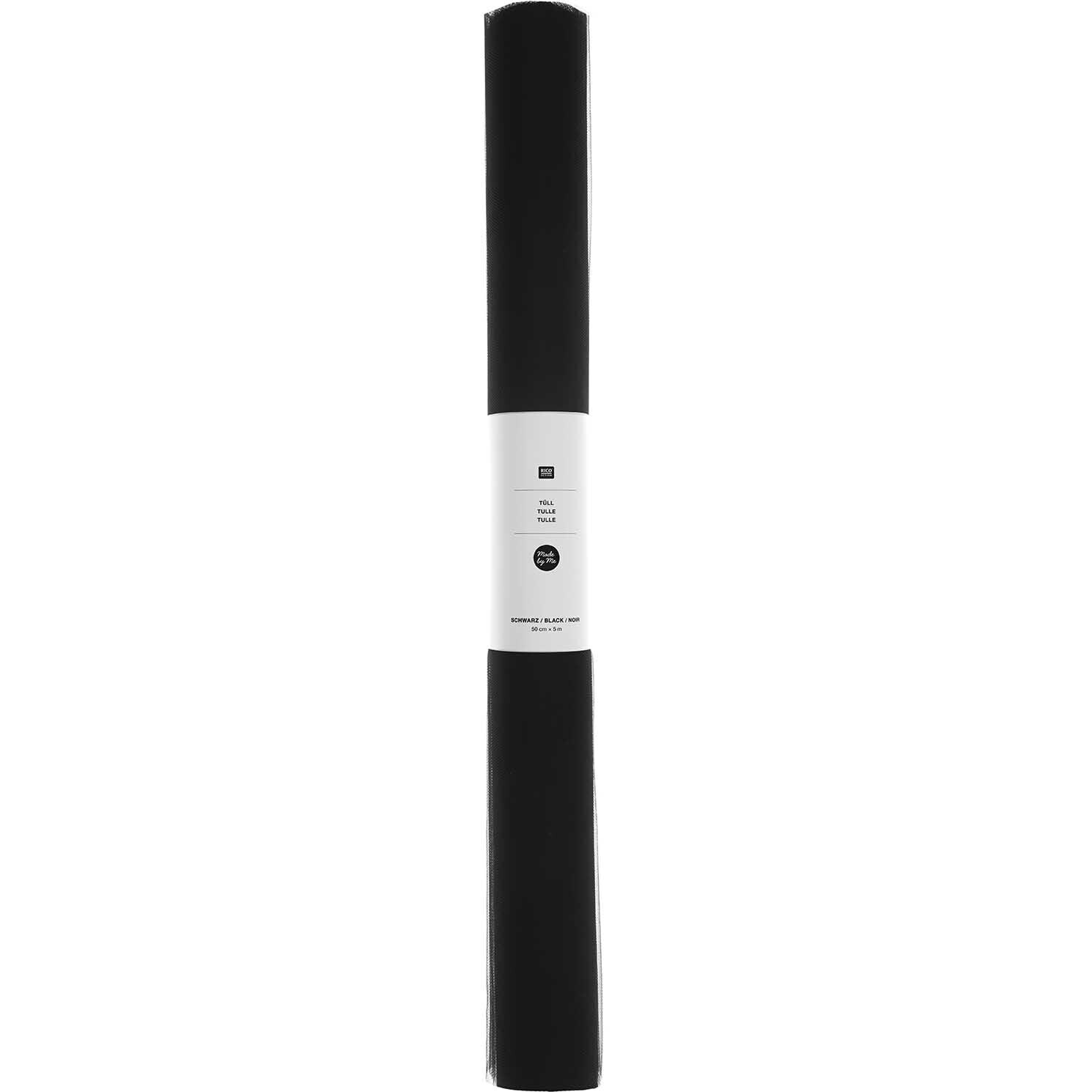 Tüll 50cm 5m von Rico Design in Schwarz, aufgerollt und stehend, ideal für kreative Projekte.