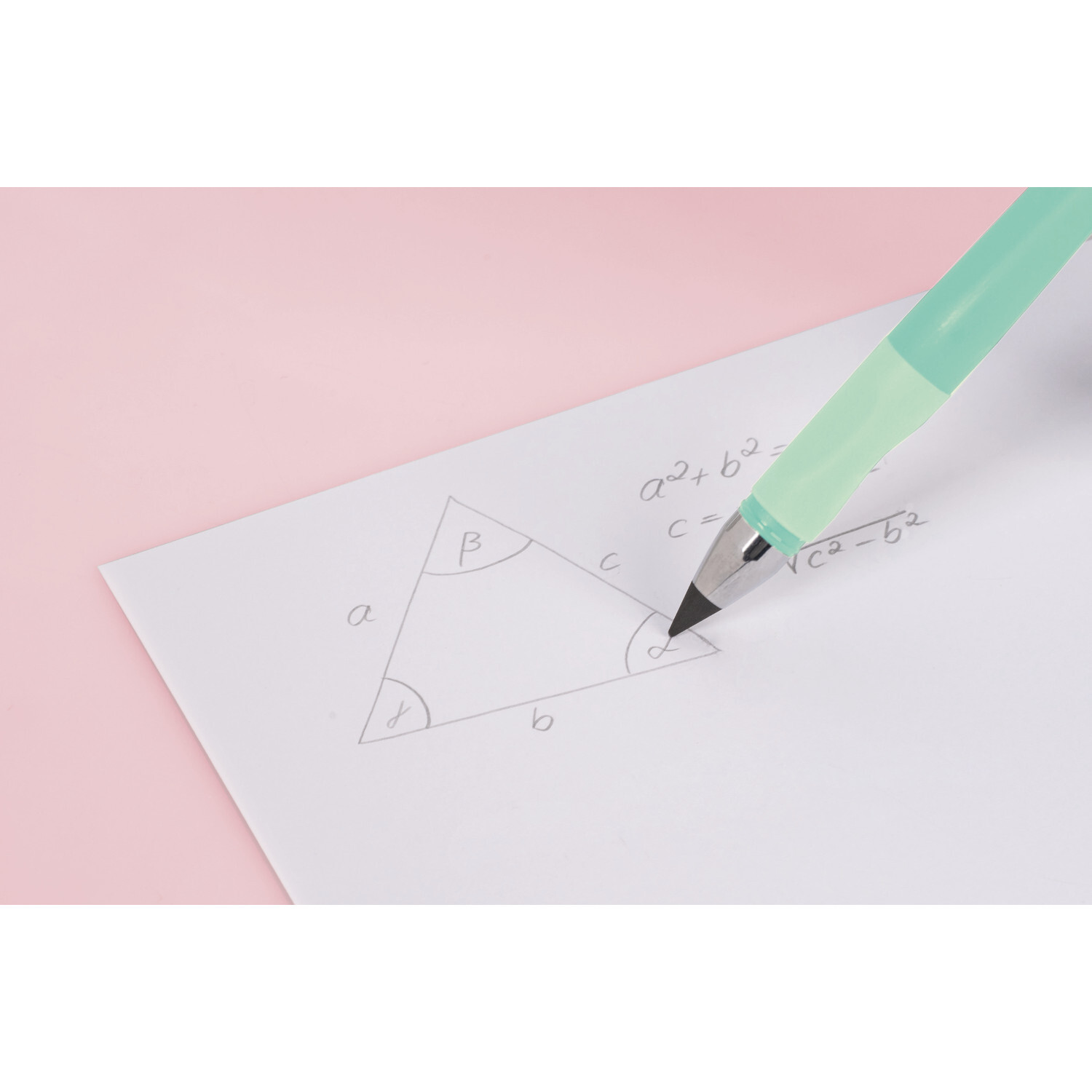 Bleistift Remove longline schreibt auf Papier mit geometrischen Zeichnungen, mintfarbener Schaft.