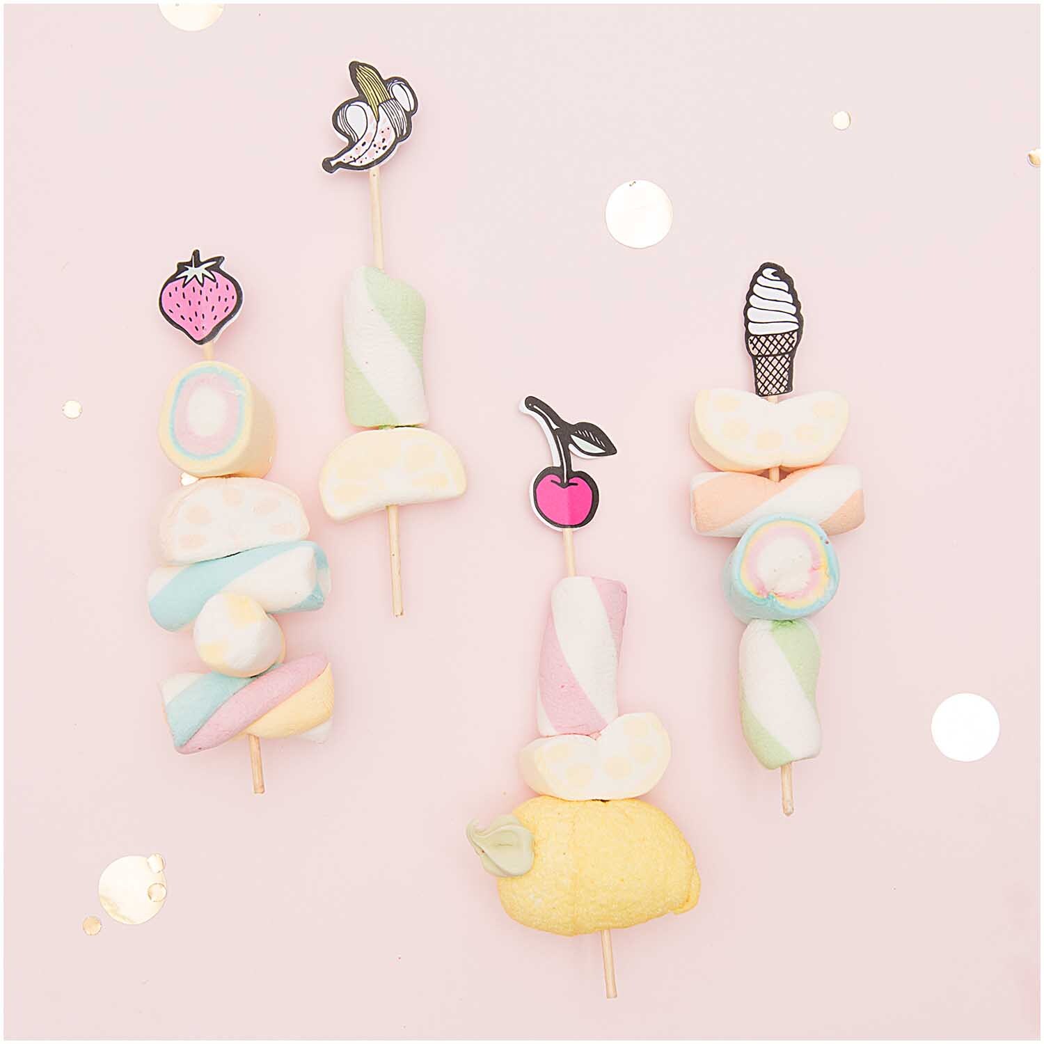 Picker Mix Eistüte-Früchte 15cm 24 Stück: Bunte Marshmallow-Spieße mit Fruchtmotiven, ideal für Partys.