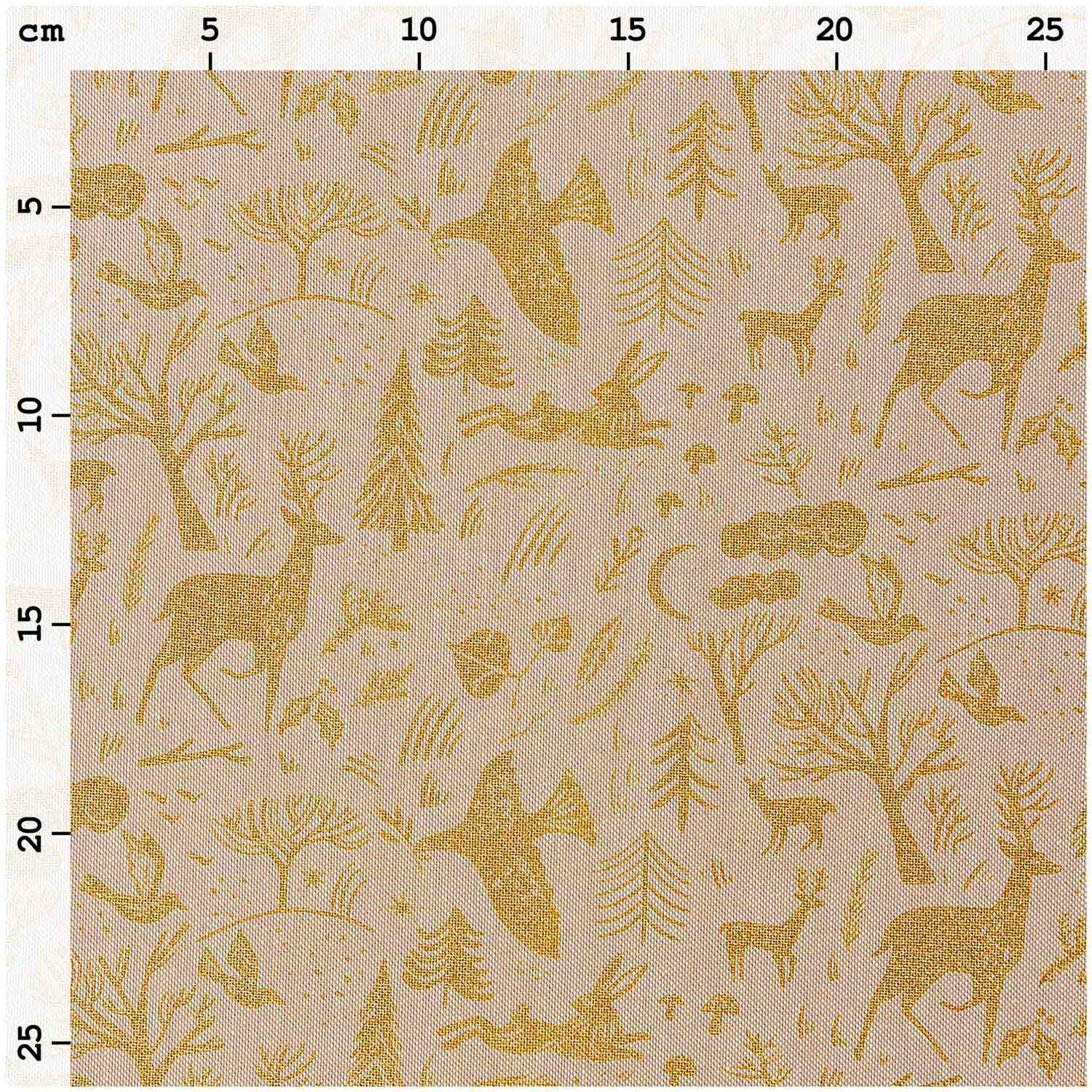 Stoff Leinenoptik mit goldenen Waldtieren und Bäumen auf naturfarbenem Hintergrund, 50x140cm.