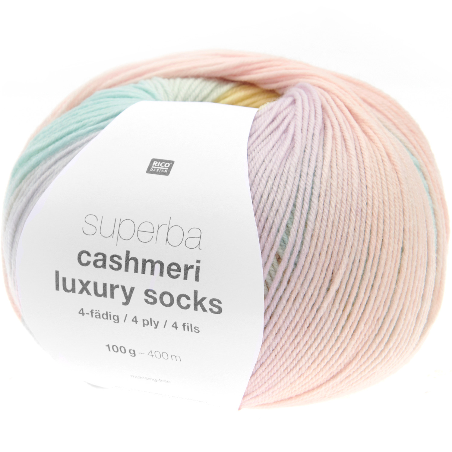 Superba Cashmeri Luxury Socks 4fädig, pastellfarbene Wolle von Rico Design, ideal für Strickprojekte.