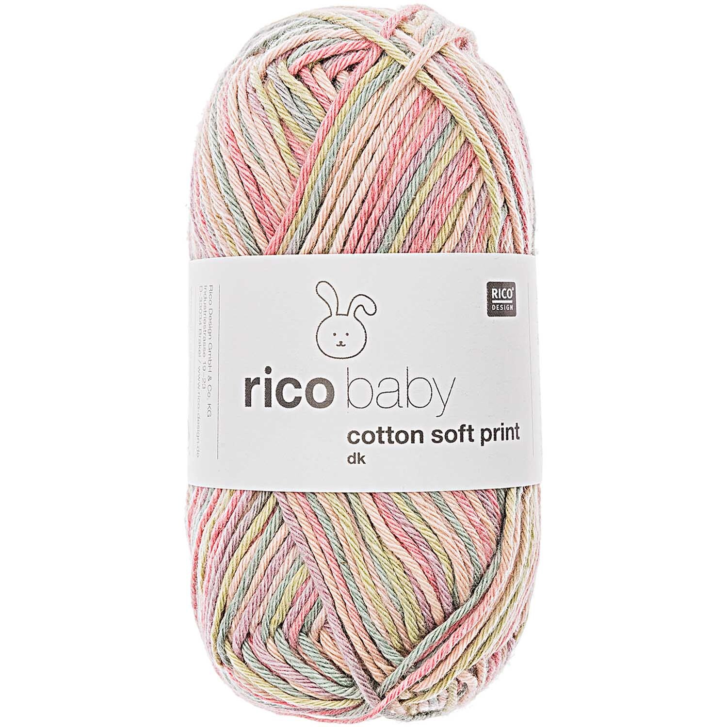 Rico Baby Cotton Soft Print dk: Weiches Garn in sanften Pastelltönen, ideal für Babyprojekte.