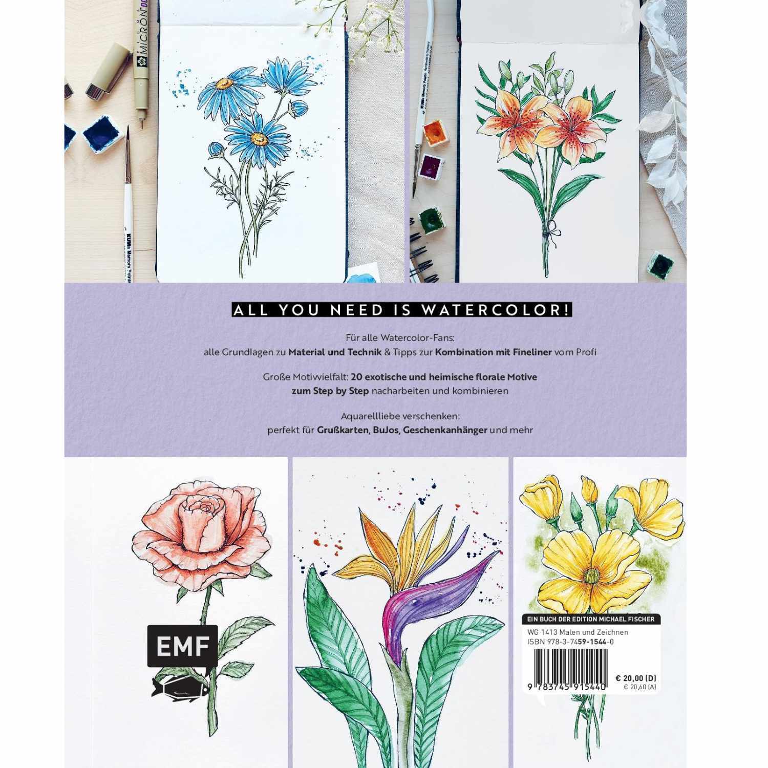 Watercolor - Florale Motive Around The World: Aquarellbilder von Blumen mit EMF-Logo und Malutensilien. Perfekt für kreative Projekte.
