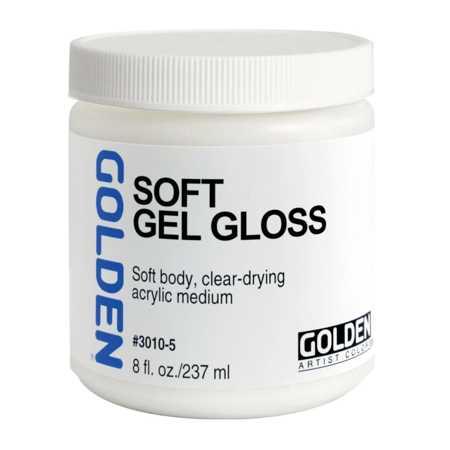 Golden Soft Gel Gloss, 237ml, weißer Behälter mit blauem und schwarzem Text, klare Acrylmedium-Formel.