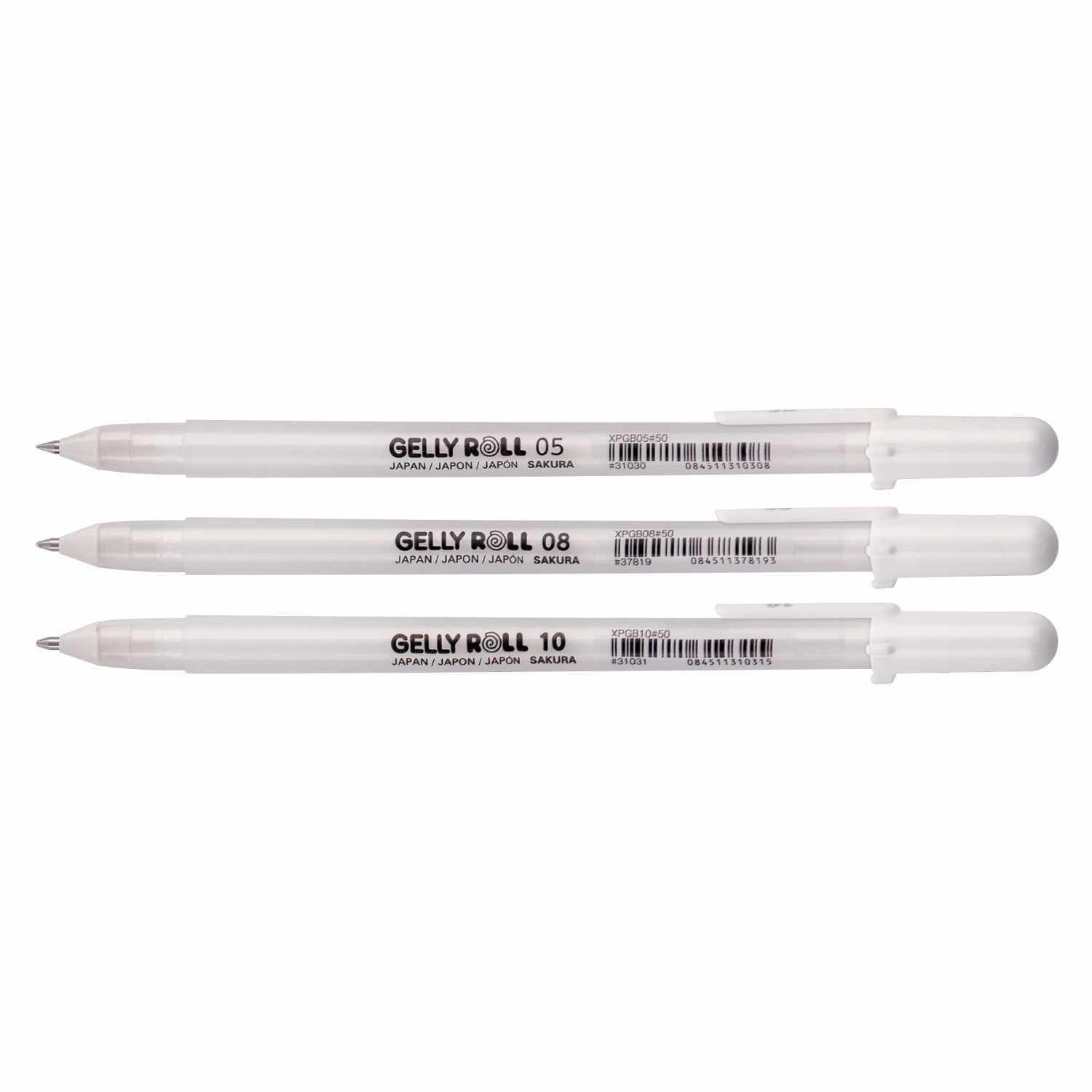 Gelly Roll Gelstifte Basic-Set Bright White, drei weiße Stifte von SAKURA in verschiedenen Stärken. Ideal für präzises Zeichnen und Schreiben.