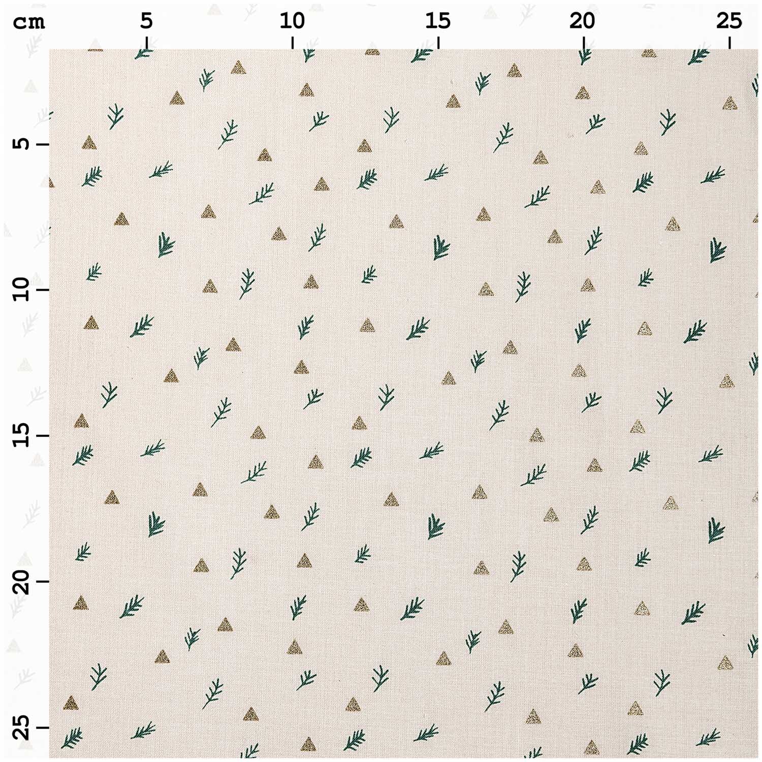 Druckstoff Zweige ecru-gold 50x140cm mit kleinen grünen Zweigen und goldenen Dreiecken von Rico Design.