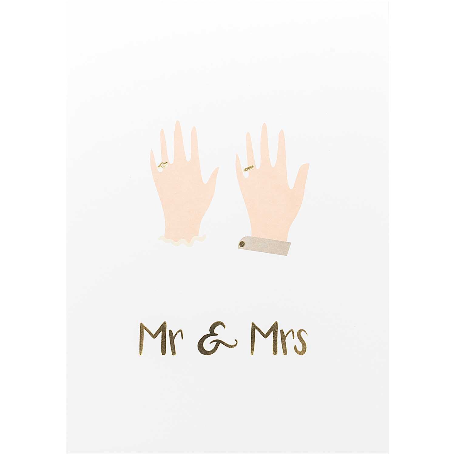 Paper Poetry Postkartenblock Hochzeit zeigt zwei Hände mit Eheringen und "Mr & Mrs" in Goldschrift. Ideal für Hochzeitsglückwünsche.