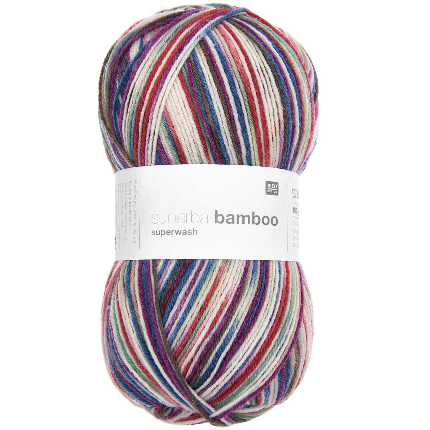 Superba Bamboo superwash Garn von Rico Design in Rot-Mint, 100g Knäuel mit 420m Länge, ideal für Strickprojekte.