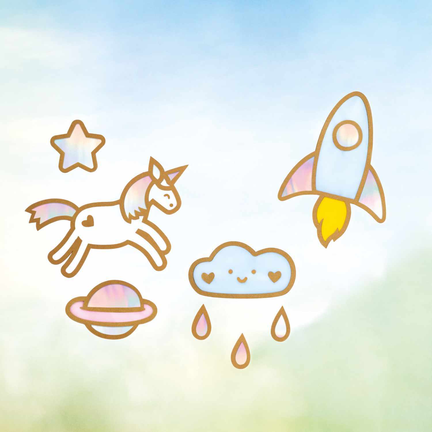 Fensterbilder MAGIC 14 Motive: Einhorn, Rakete, Wolke und Stern in pastellfarbenem Design.