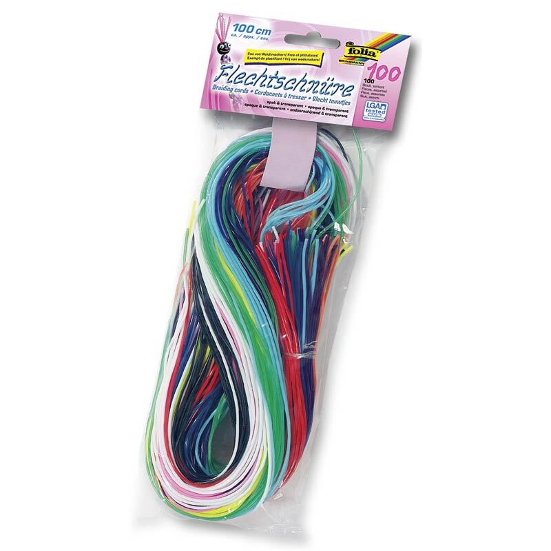 Flechtschnüre 1m 100 Stück von folia: Bunte Schnüre in einer Verpackung, ideal für kreative Bastelprojekte.