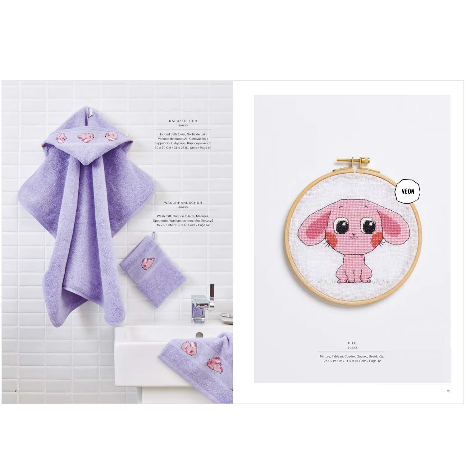 Stickbuch Cute, Cuter, Kawaii Nr. 175: Lila Handtücher mit niedlichem Hasenmotiv von Rico Design im Badezimmer.