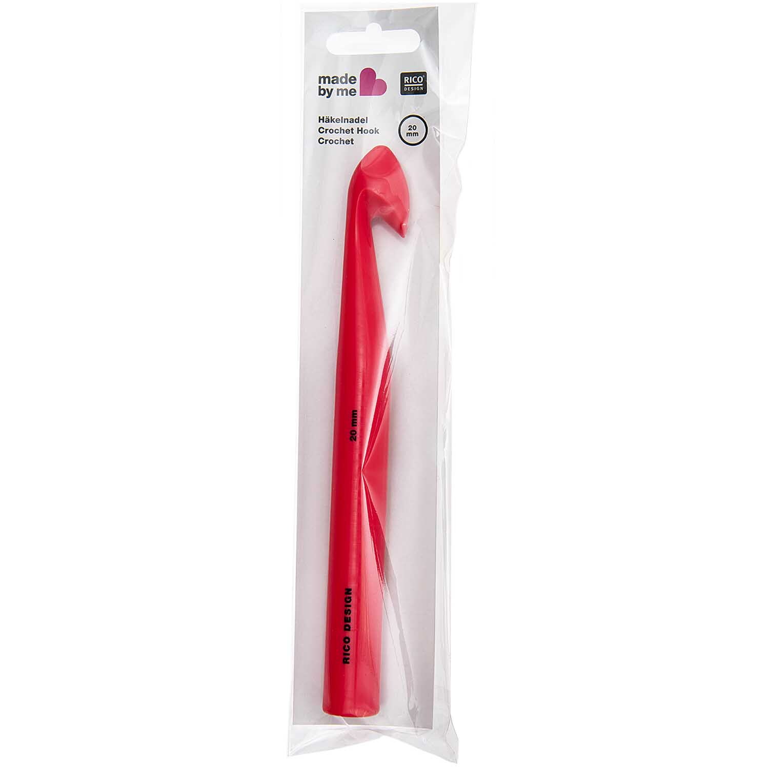 Häkelnadel 15cm von Rico Design in leuchtendem Rot, verpackt in einer transparenten Hülle.