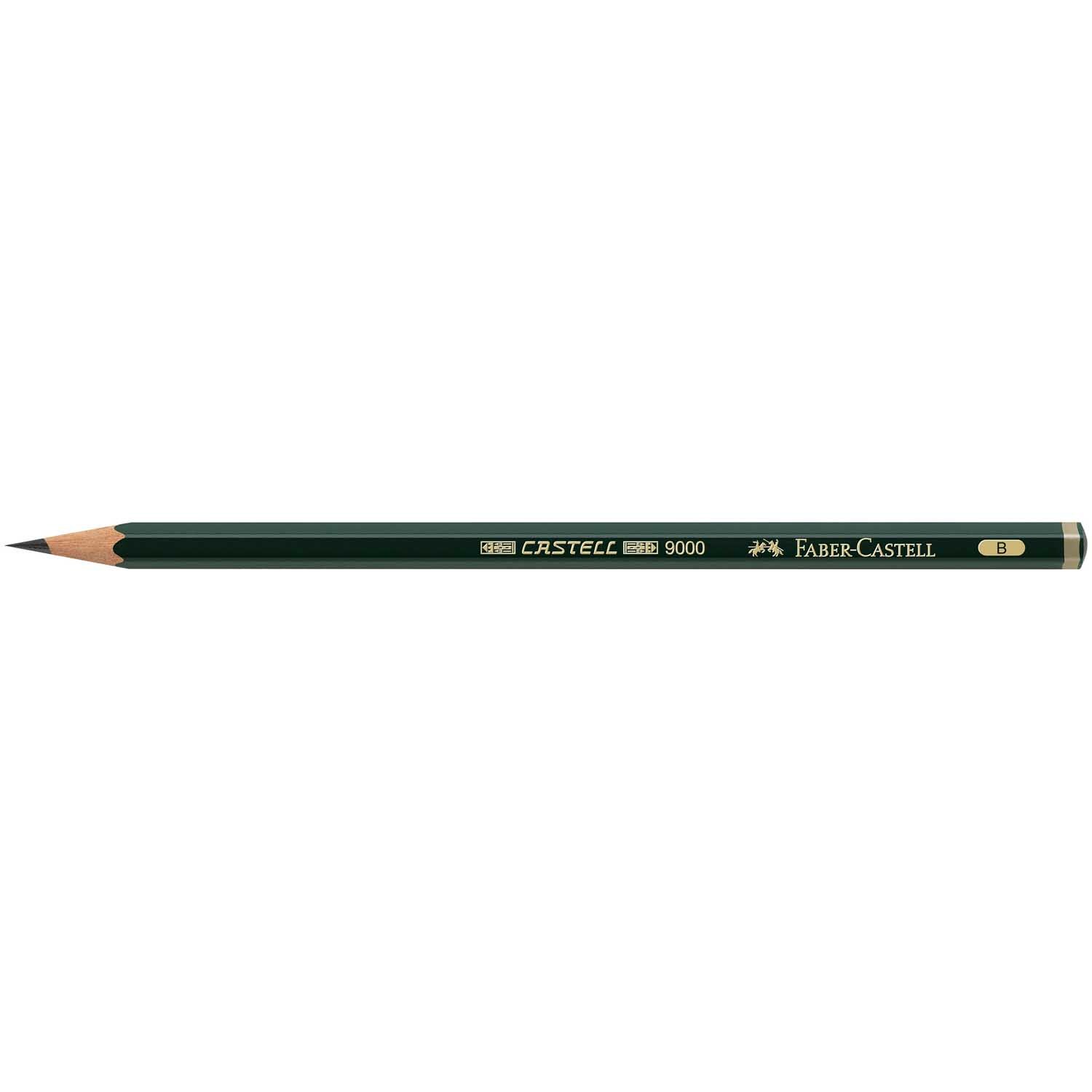 Castell 9000 Bleistift von Faber Castell, dunkelgrün, auf schwarzem Hintergrund liegend.
