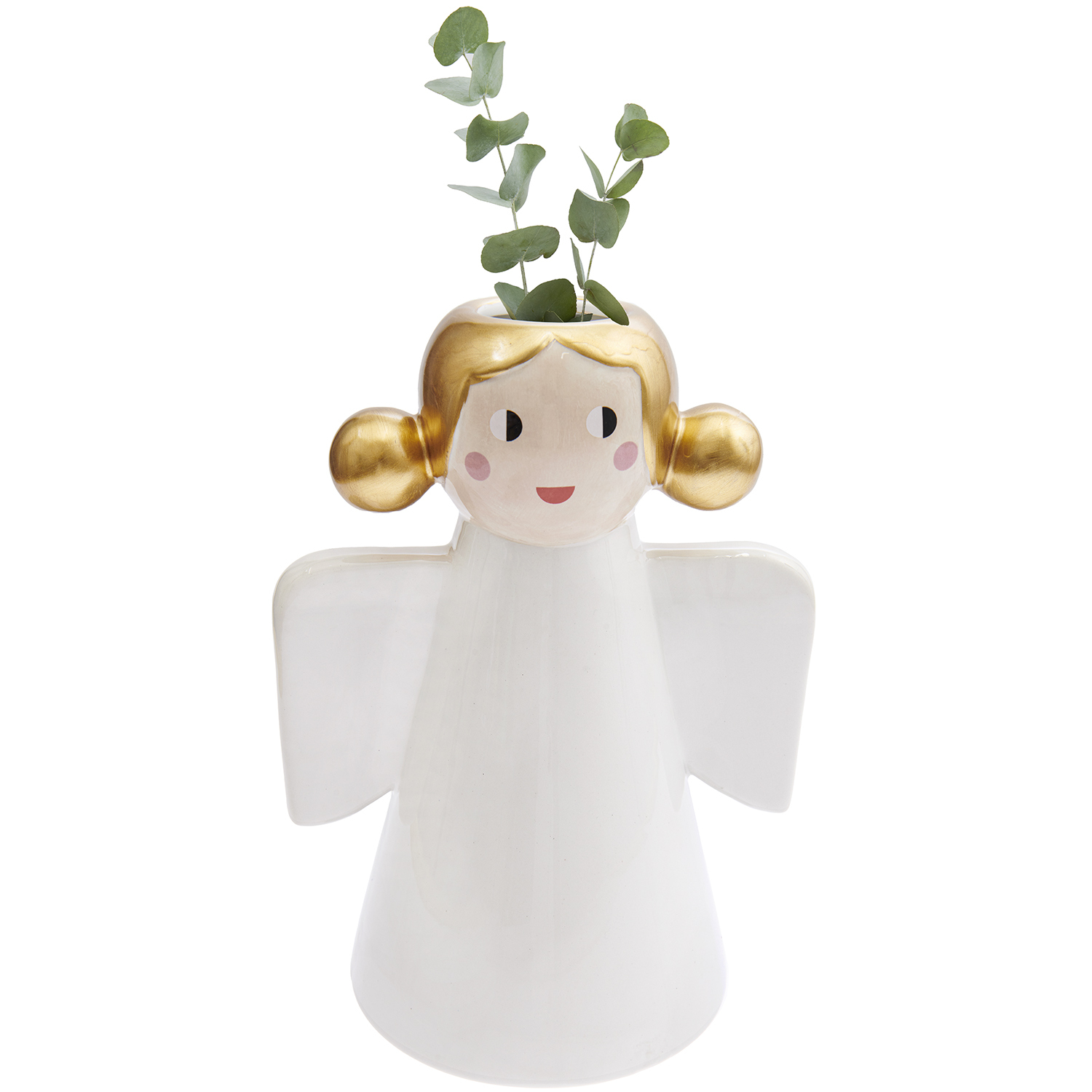 Keramik Vase Engel von Rico Design in Form eines Engels mit goldenen Haaren und Pflanzen.