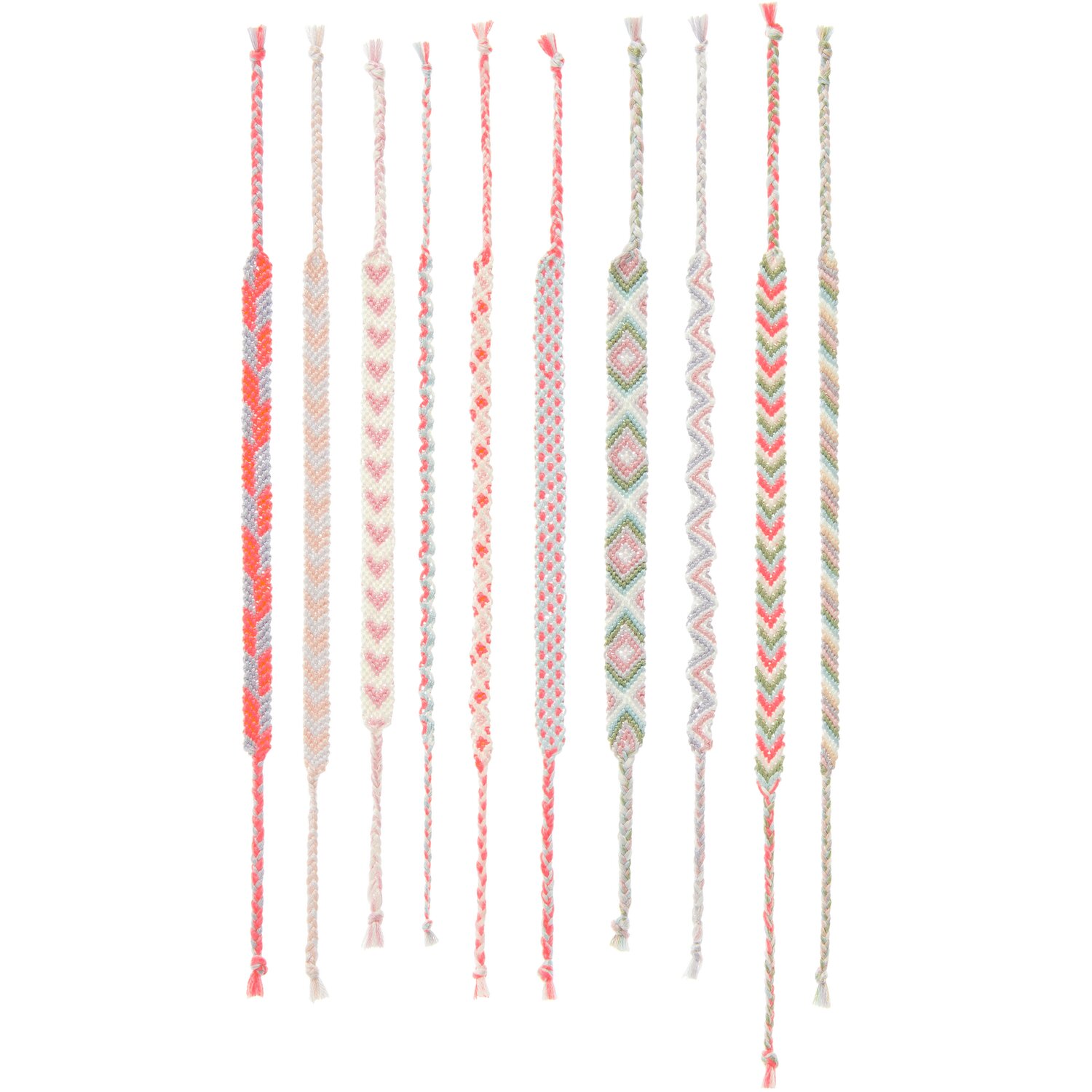 DIY Freundschaftsarmbänder Set Pastel Colours zeigt bunte, handgeknüpfte Armbänder in Pastelltönen. Ideal für kreative Bastelprojekte.