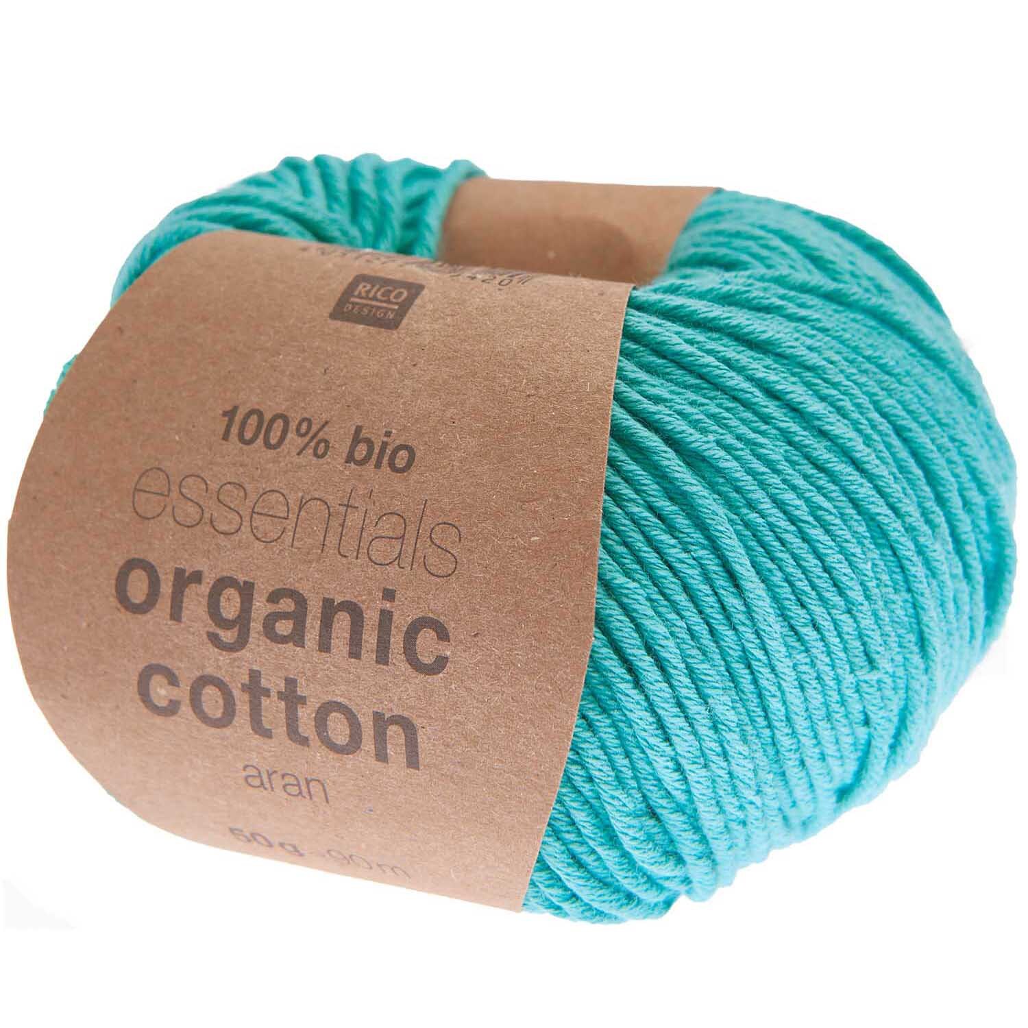Essentials Organic Cotton aran in Türkis, 50g 90m. Weiches Garn von Rico Design, ideal für umweltfreundliche Strickprojekte.
