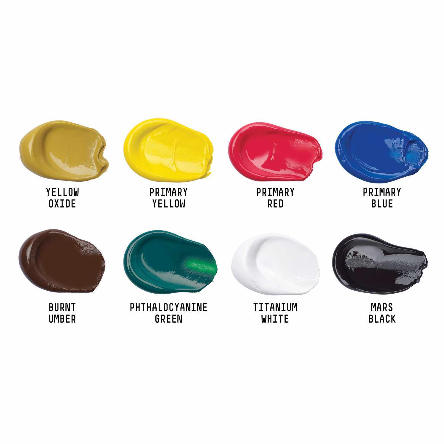 Basics Acrylfarben Set 8x75ml zeigt acht lebendige Farben von Liquitex, ideal für kreative Projekte.