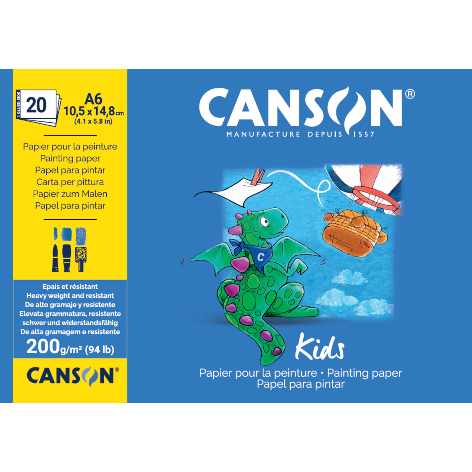 Kids Mal Block DIN A6 20 Blatt von Canson mit illustriertem grünen Drachen, stabilem 200g-Malpapier, ideal zum kreativen Malen für Kinder