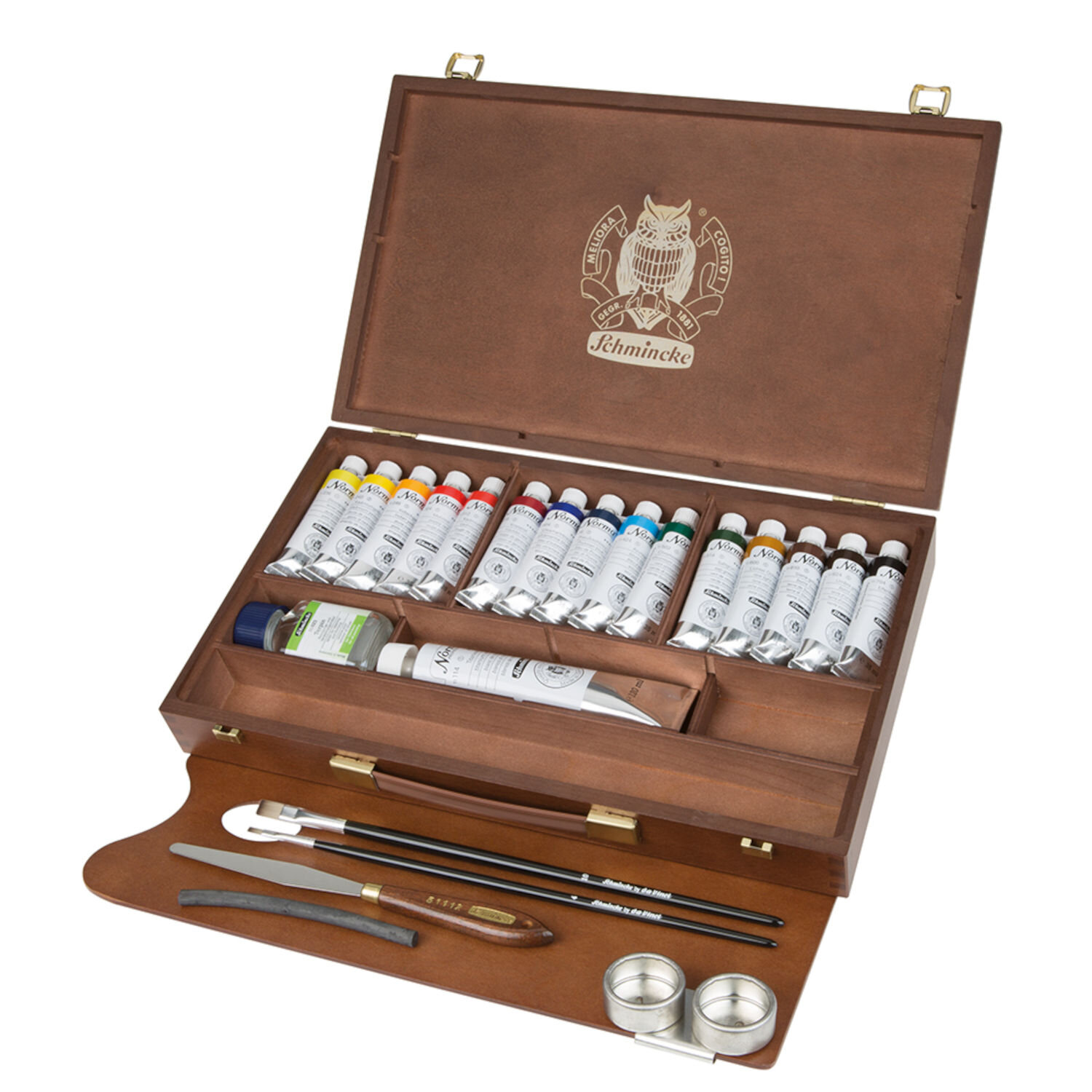 Norma Professional Holzkasten Set, 15x35ml, Malset mit Schmincke Ölfarbtuben, Pinseln, Malmitteln und Zubehör im geöffneten braunen Holzkoffer für Künstler