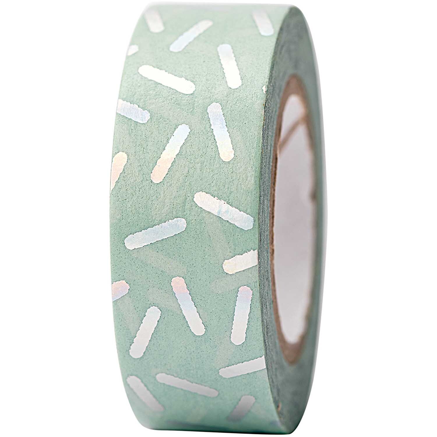 Paper Poetry Tape Stracciatella mit irisierenden Streifen auf türkisfarbenem Hintergrund, 15mm x 10m.