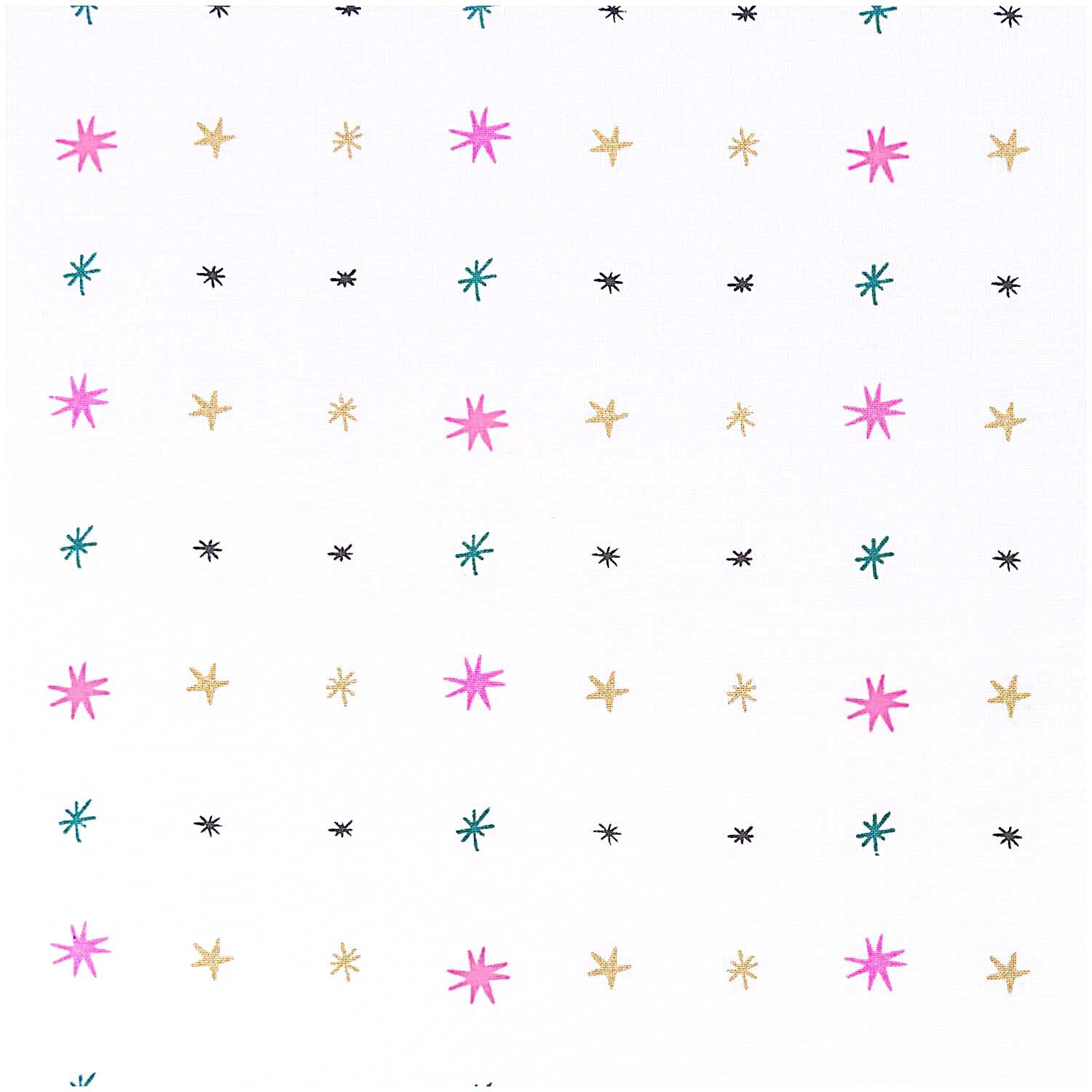 Stoff Sterne gold-neon 50x140cm: Weißer Stoff mit bunten Sternen von Rico Design, ideal für kreative Projekte.