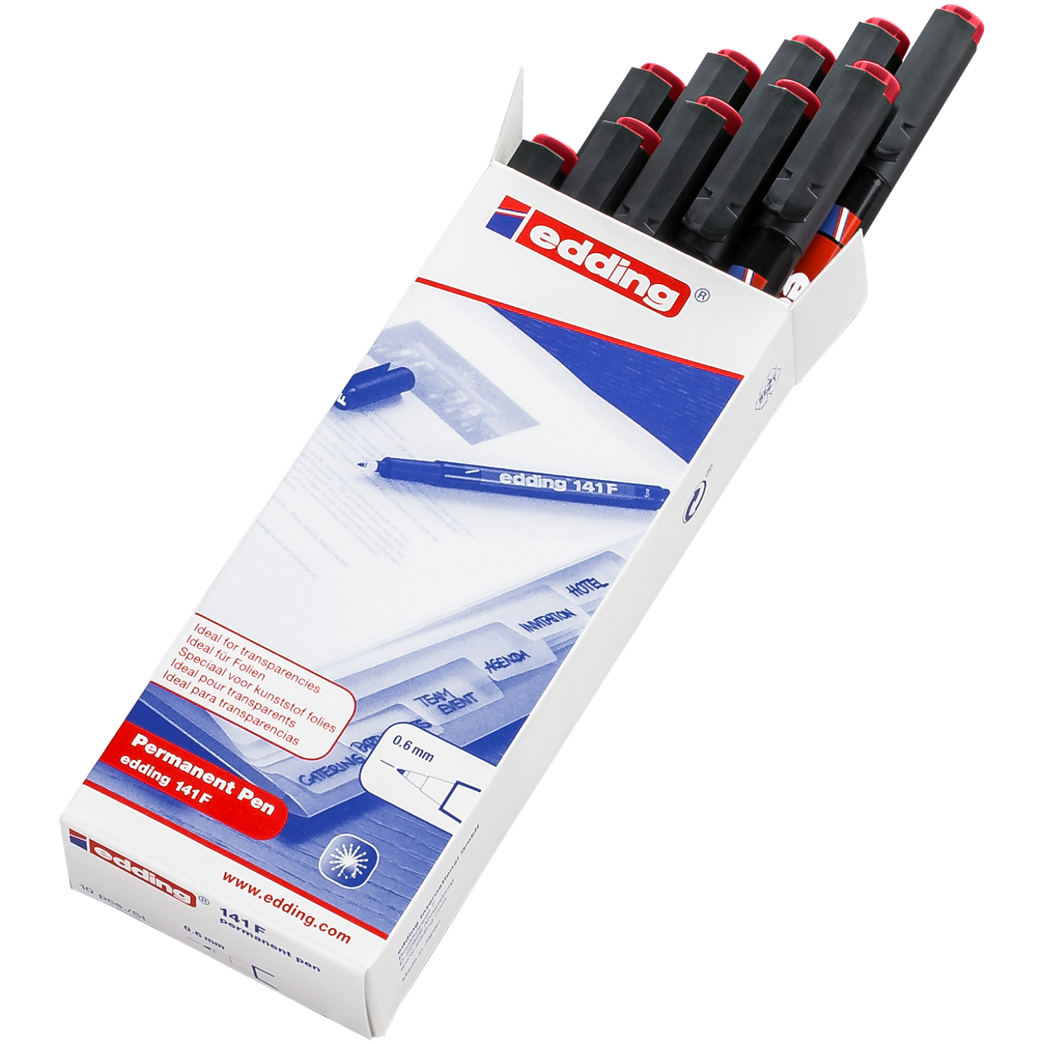 140 S OHP-Marker permanent rot von edding in einer offenen Verpackung mit mehreren Markern. Ideal für dauerhafte Beschriftungen.