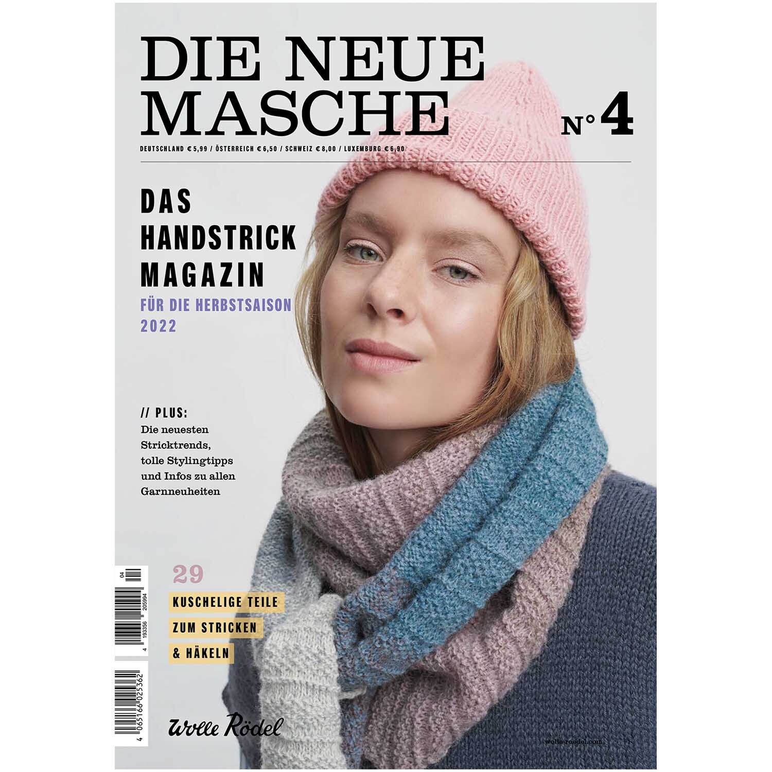 Die Neue Masche Nr. 04 Herbst zeigt eine Frau mit rosa Mütze und gestricktem Schal. Wolle Rödel.