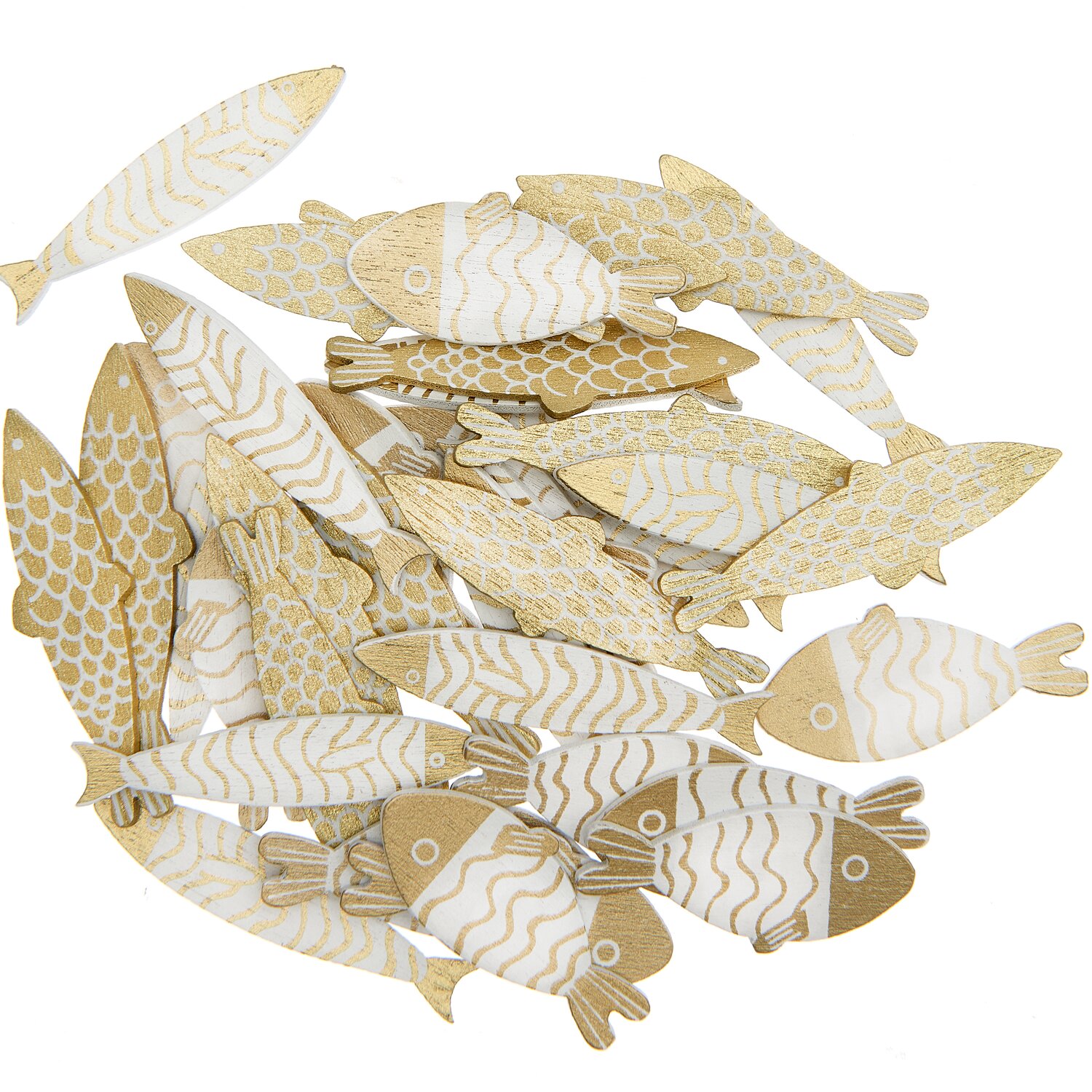Holzstreu Fisch gold-weiß 36 Stück: Dekorative Fische in Gold und Weiß, ideal für kreative Projekte.
