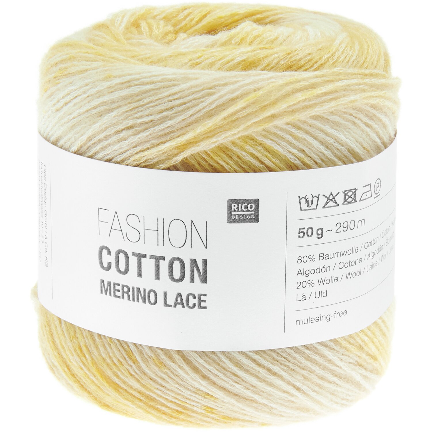 Fashion Cotton Merino Lace: Weiches Garn in Gelbtönen von Rico Design, 50g, 290m, ideal für Strickprojekte.