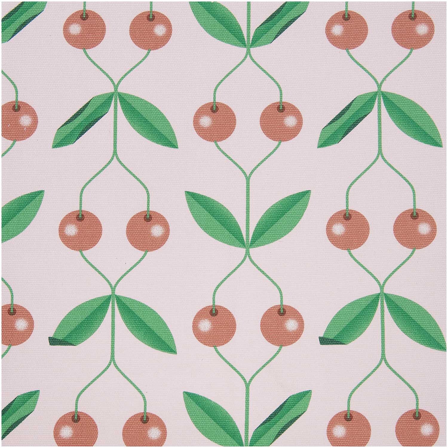 Meterware Canvas Kirschen rosa: Stoff mit Kirschmuster auf rosa Hintergrund, von Rico Design. Ideal für kreative Nähprojekte.