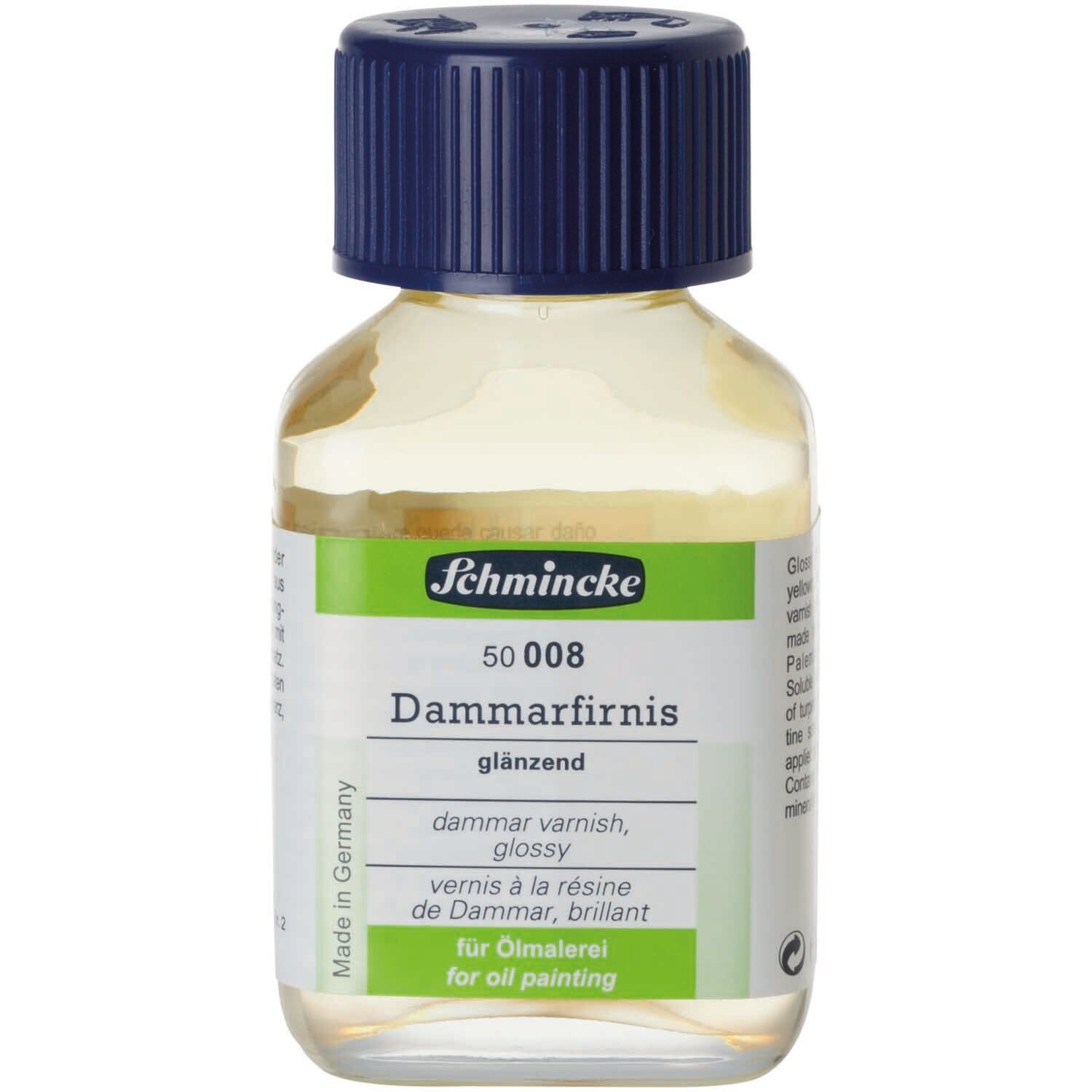 Dammarfirnis glänzend 60ml von Schmincke, transparentes Fläschchen mit blauem Deckel, ideal für Ölmalerei.