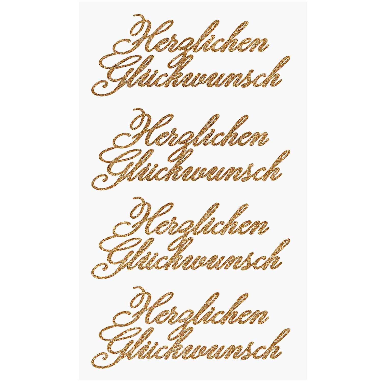 Paper Poetry Glittersticker "Herzlichen Glückwunsch" in goldener Schrift von Rico Design auf weißem Hintergrund.