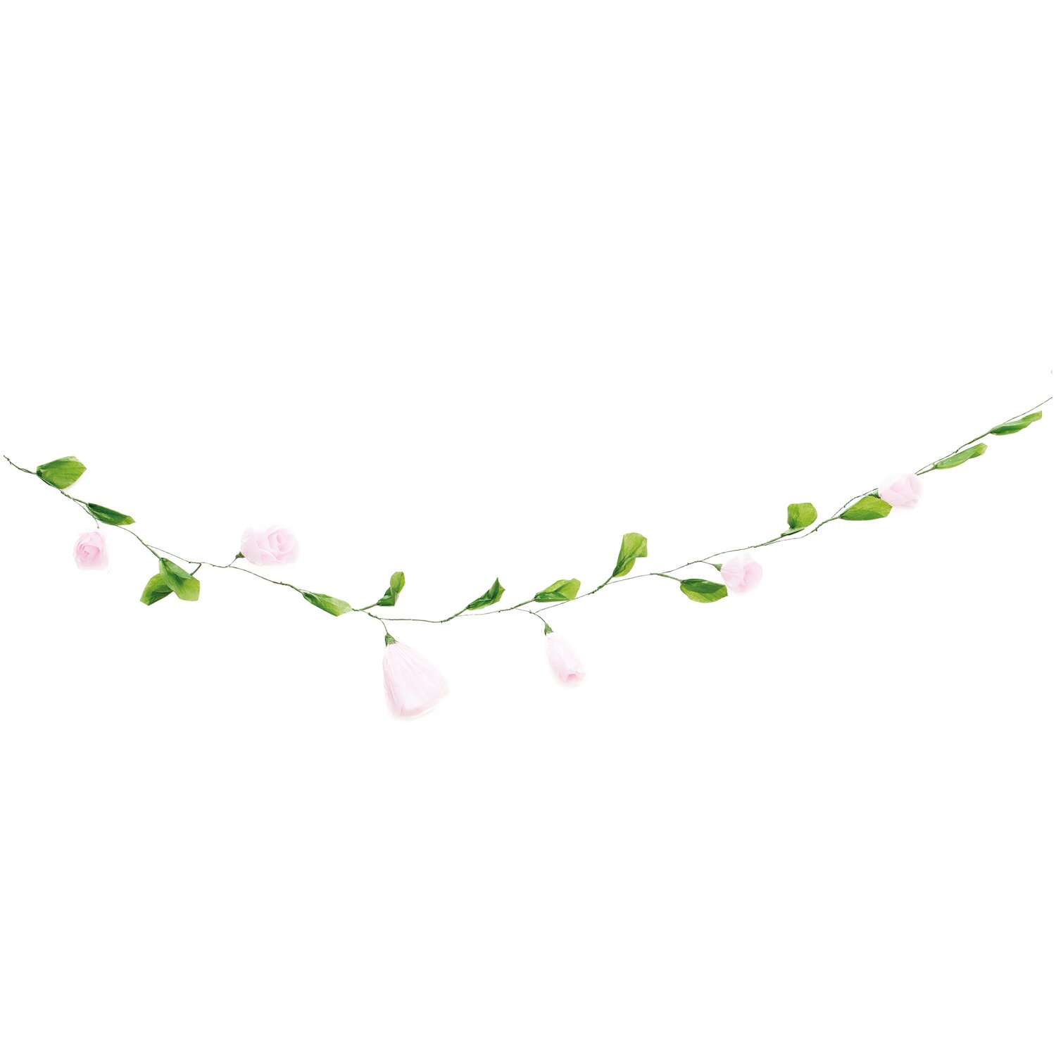 Papierblumen Girlande klein rosa 160 cm: Zarte Girlande mit rosa Papierblumen und grünen Blättern, ideal für Dekorationen.